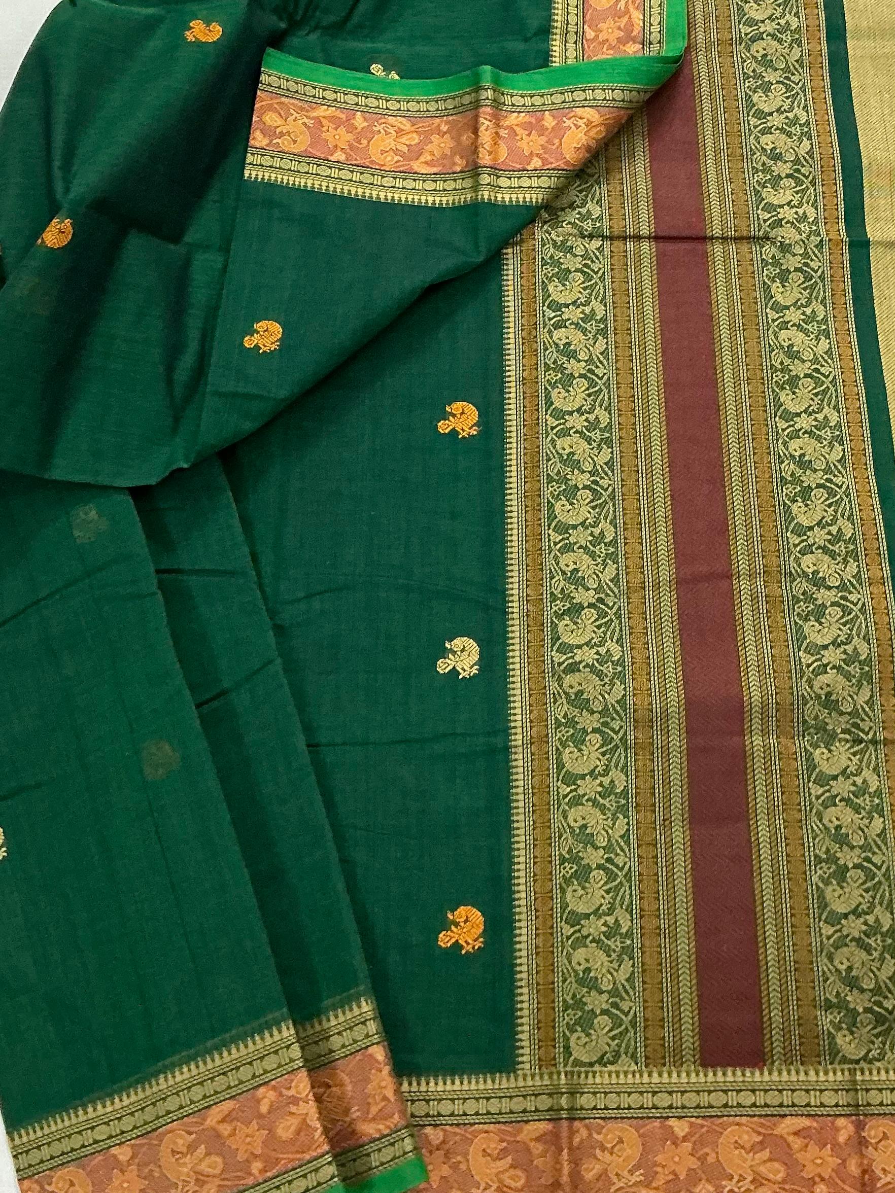Handwoven Kanchi cotton :  Forest Green with peacock motif