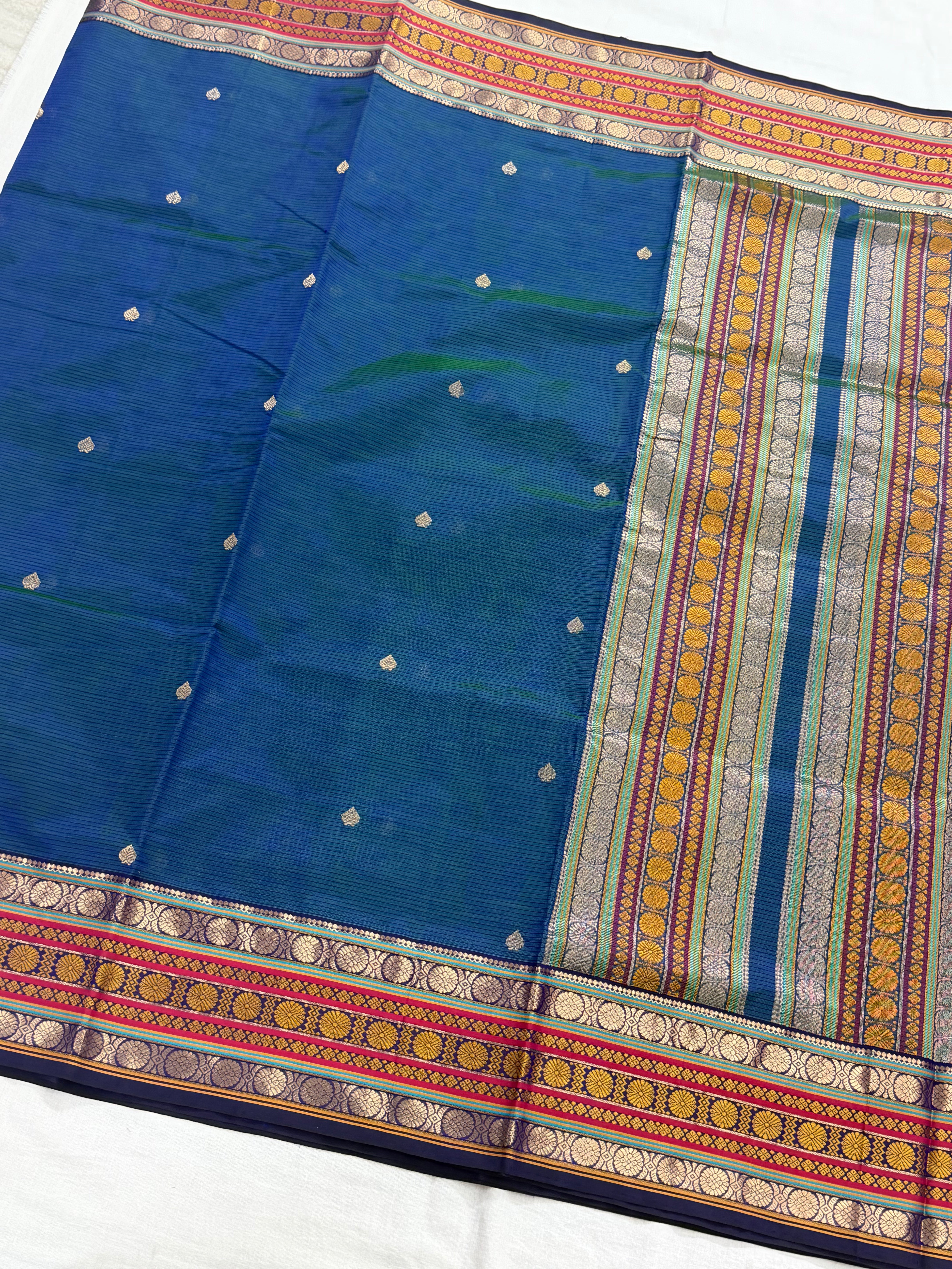 Handwoven Silk Cotton with Zari motifs  - PEACOCK BLUE