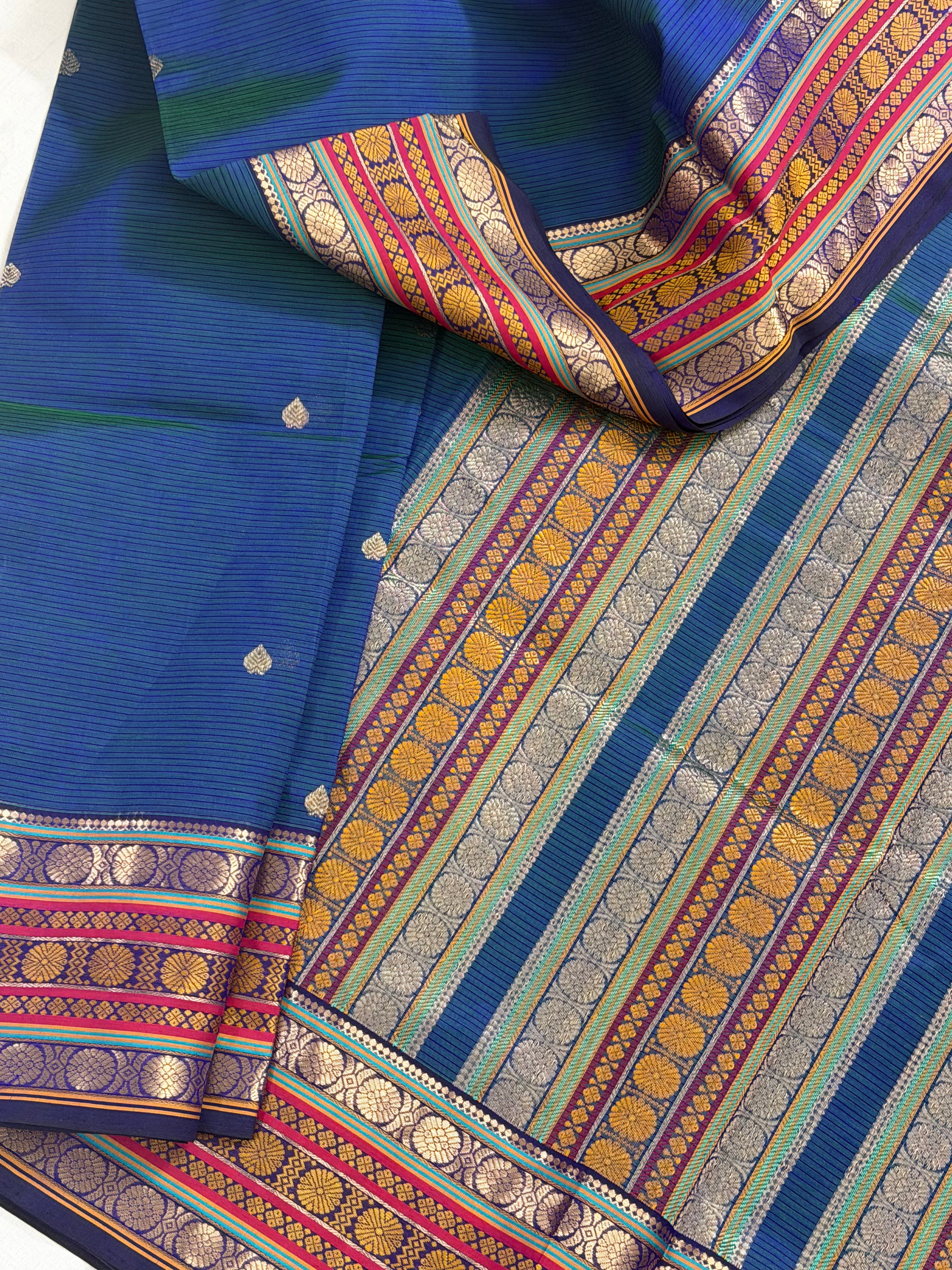 Handwoven Silk Cotton with Zari motifs  - PEACOCK BLUE