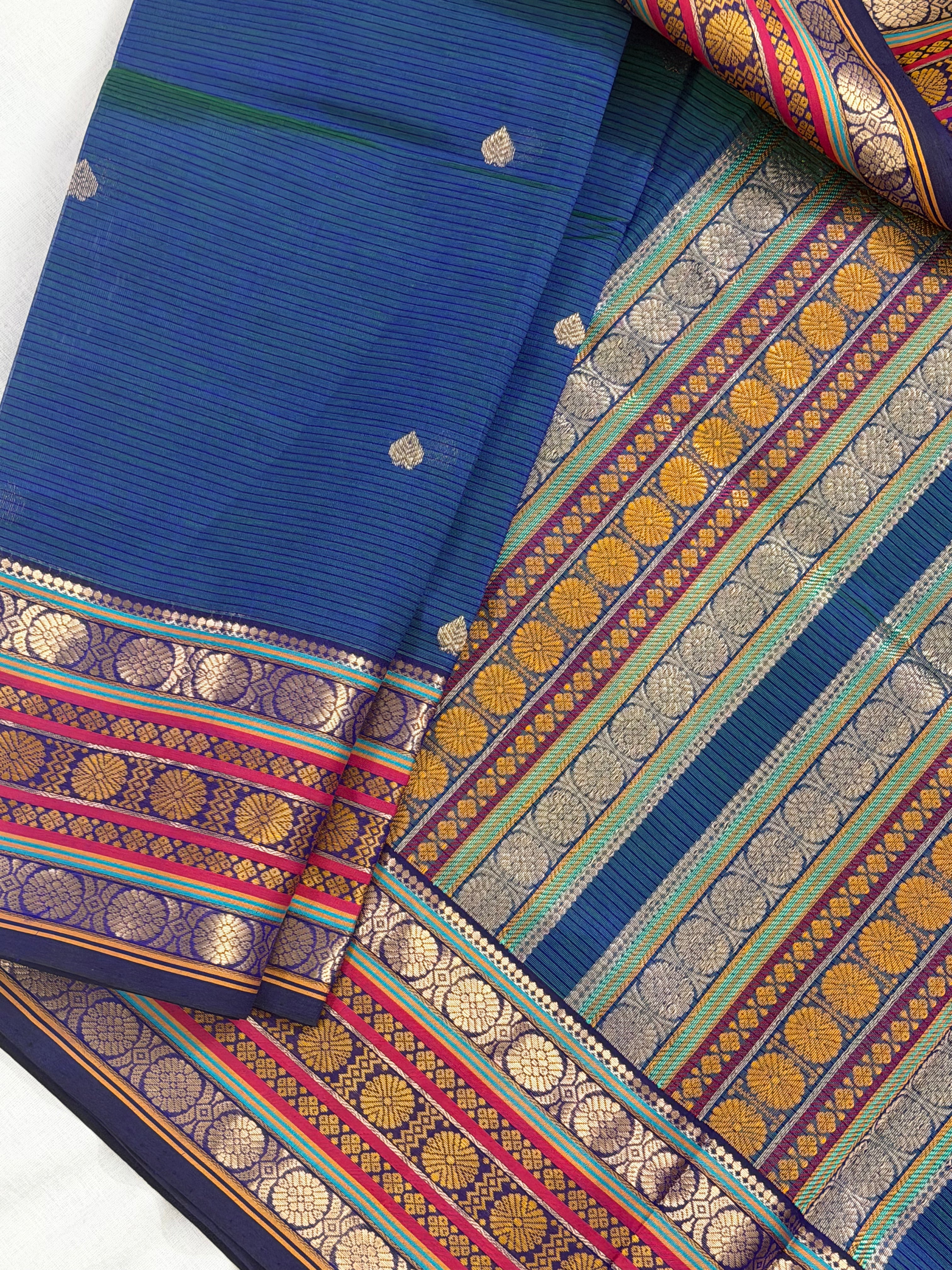 Handwoven Silk Cotton with Zari motifs  - PEACOCK BLUE