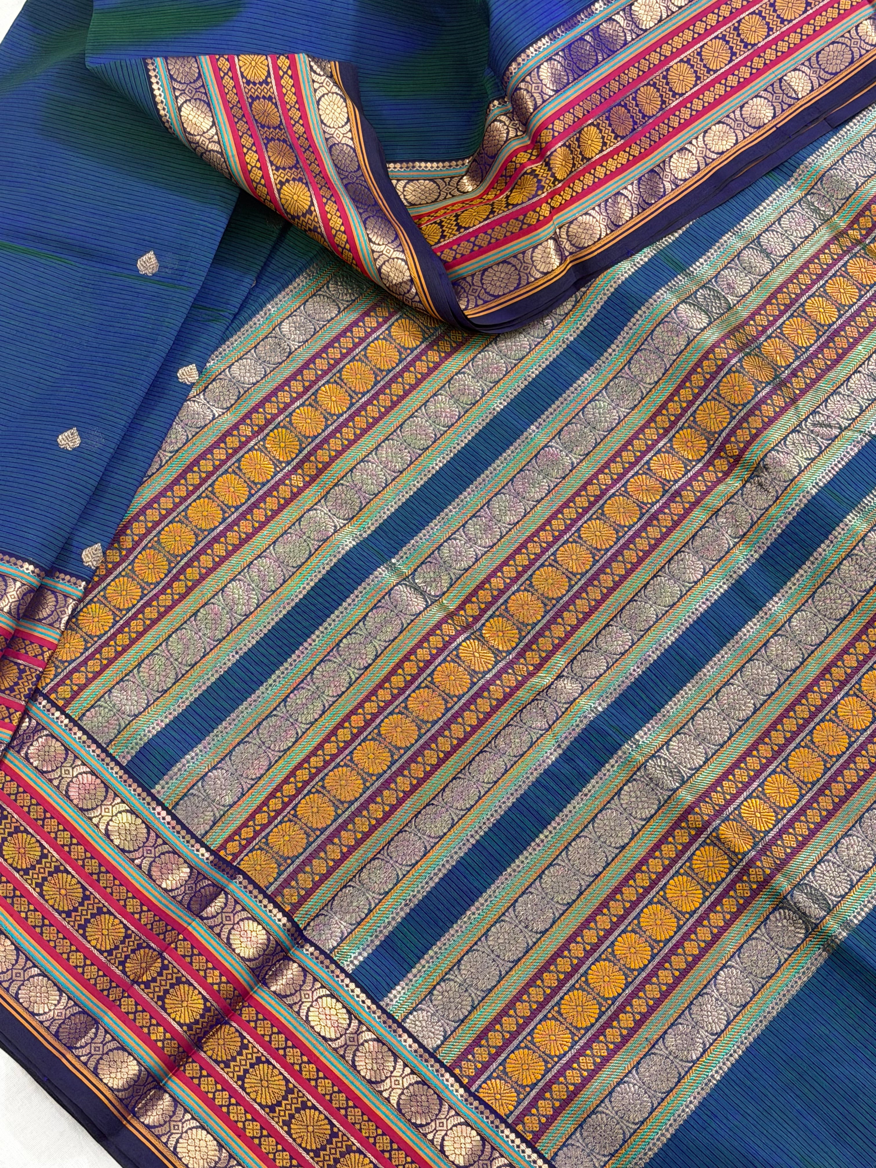 Handwoven Silk Cotton with Zari motifs  - PEACOCK BLUE