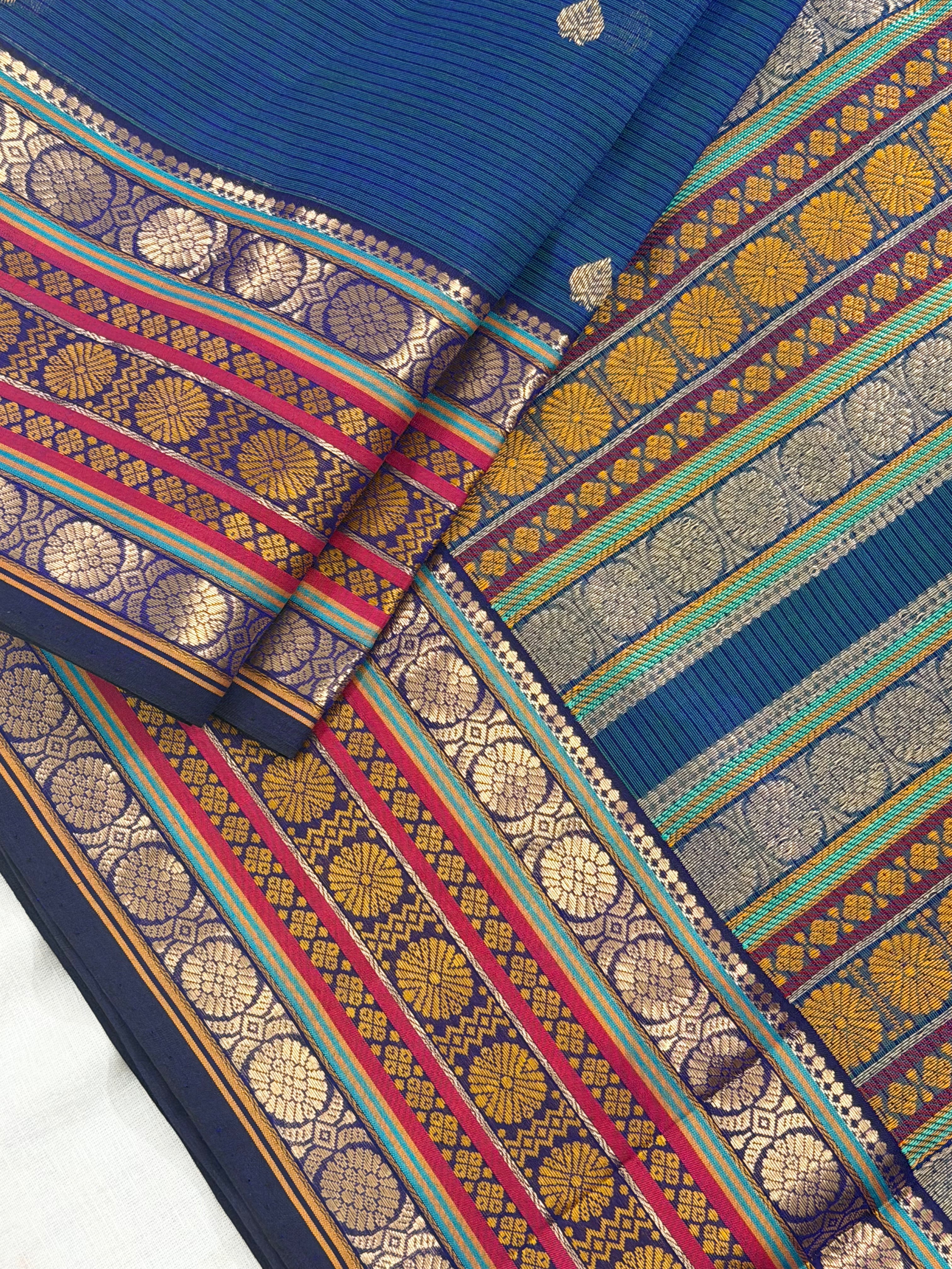 Handwoven Silk Cotton with Zari motifs  - PEACOCK BLUE