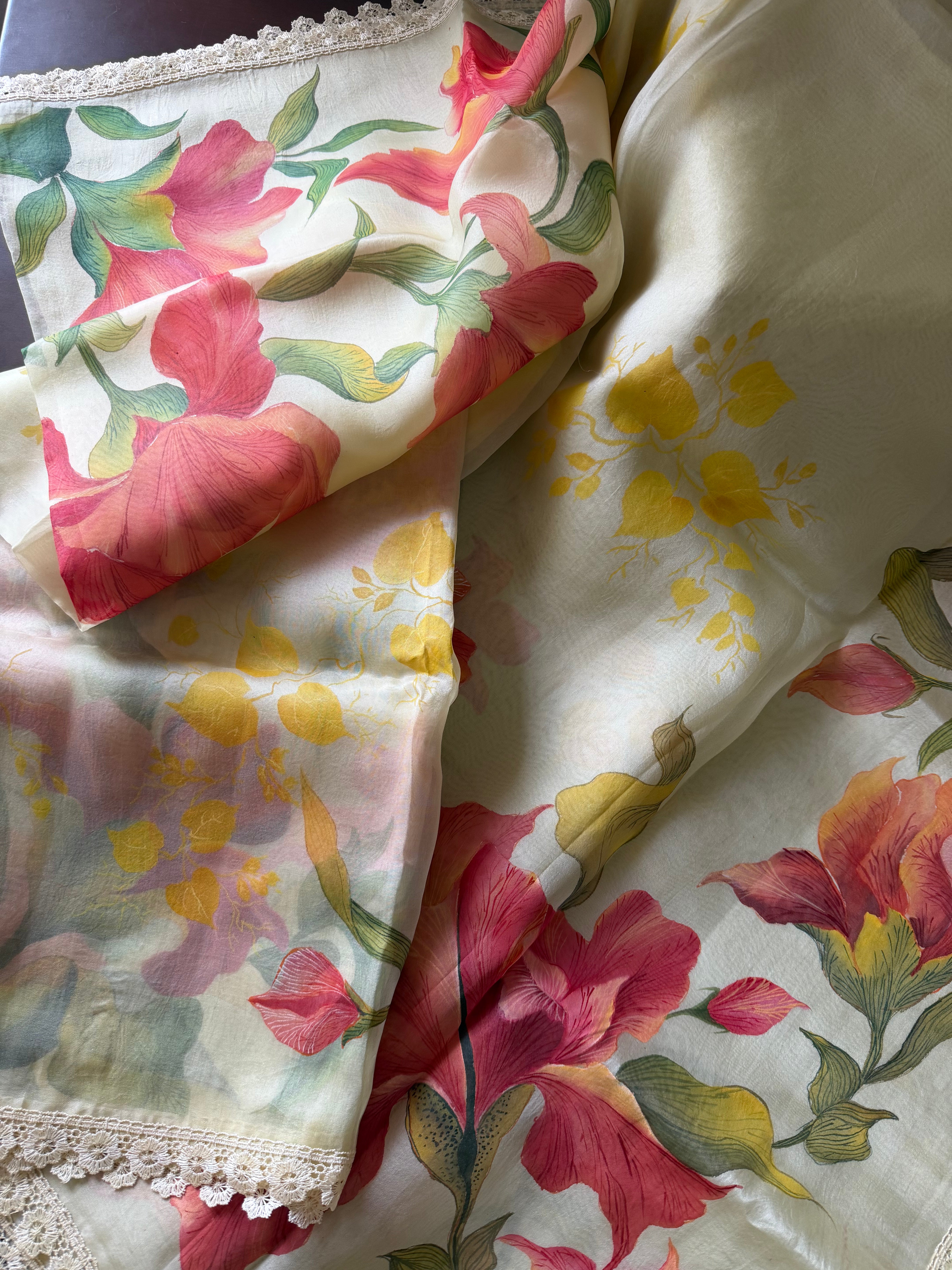 VRIKSHA : HANDPAINTED ORGANZA (MELON YELLOW)