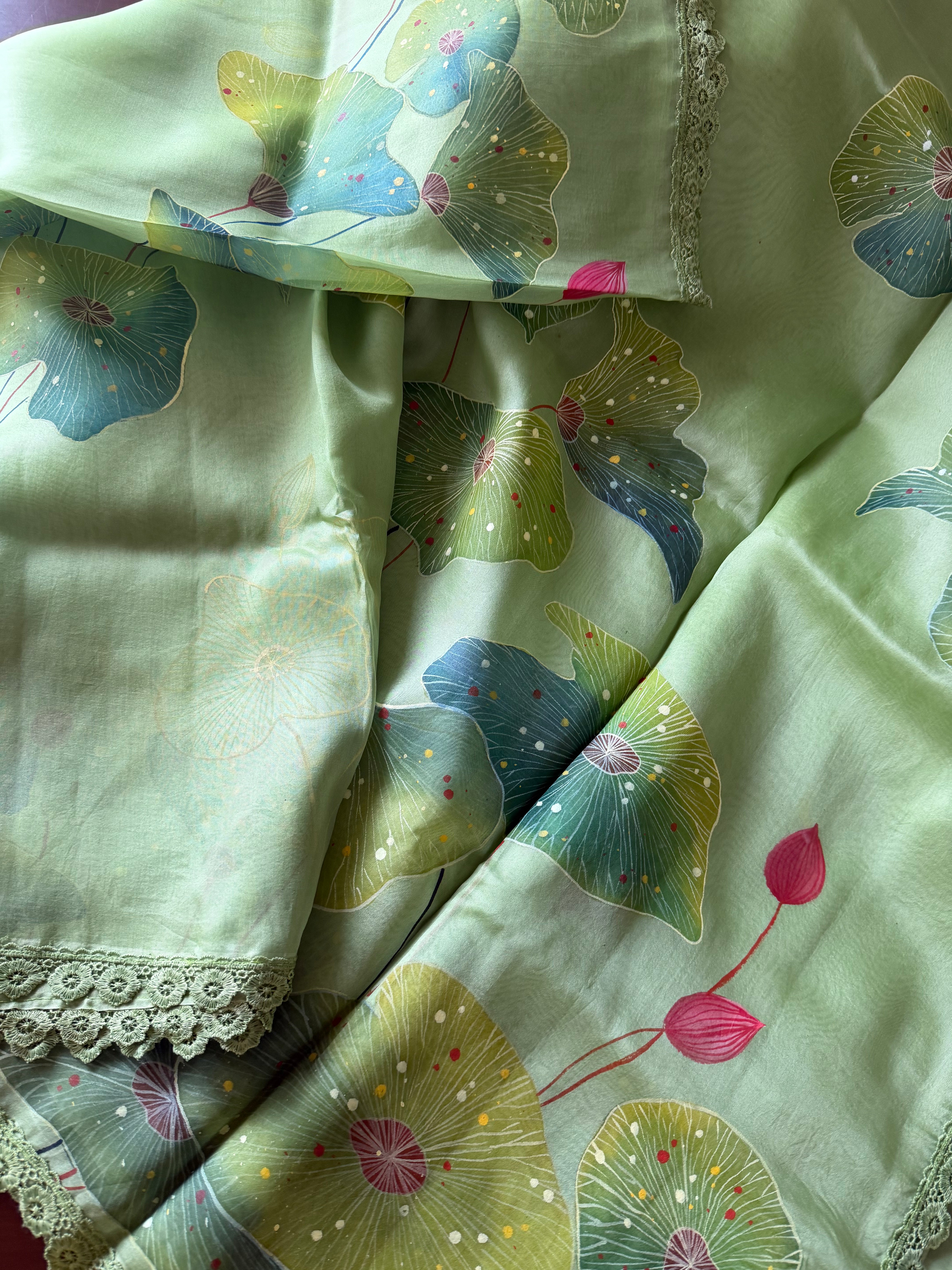 VRIKSHA : HANDPAINTED ORGANZA (PASTEL GREEN)