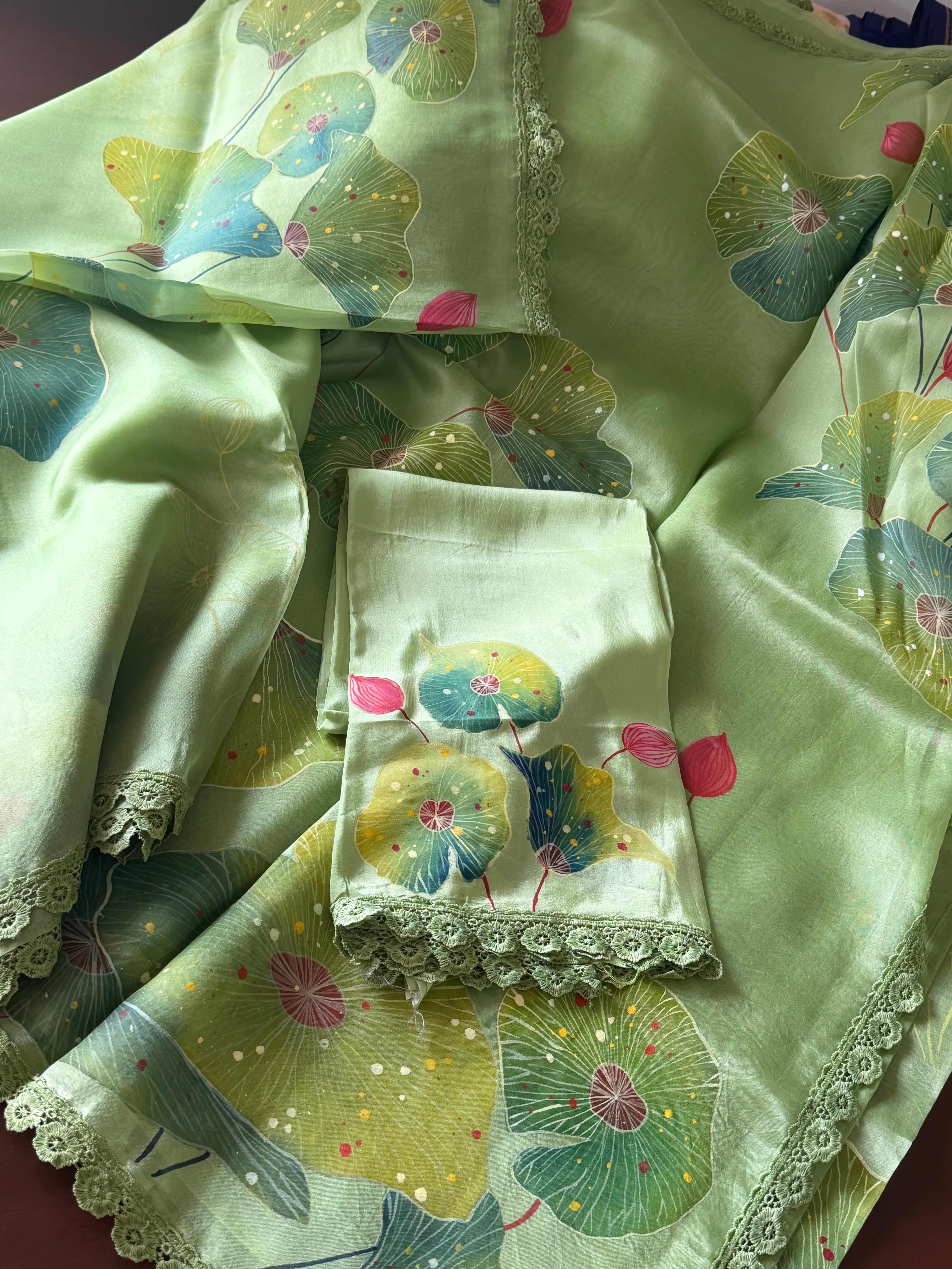 VRIKSHA : HANDPAINTED ORGANZA (PASTEL GREEN)