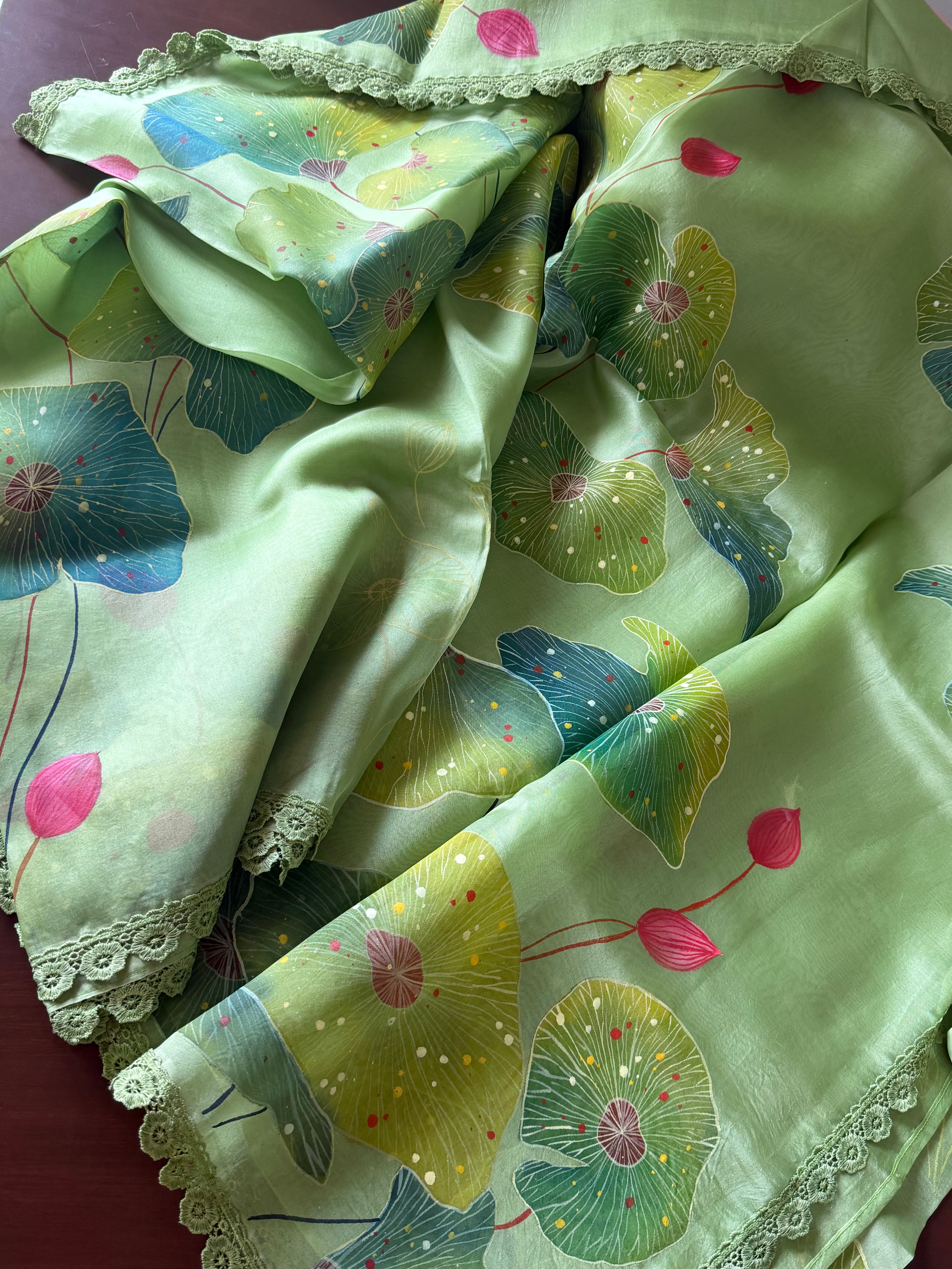VRIKSHA : HANDPAINTED ORGANZA (PASTEL GREEN)
