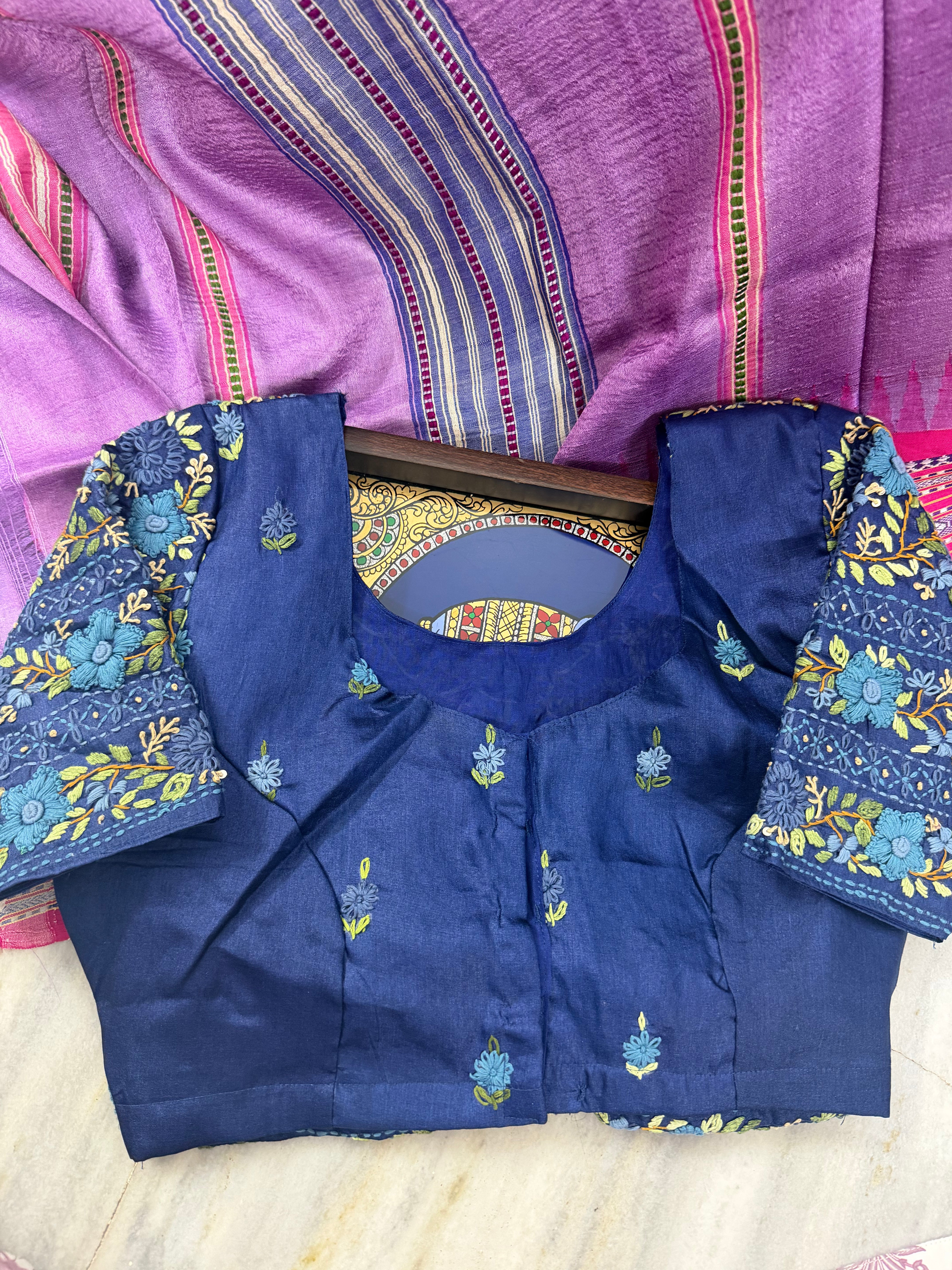 Handcrafted Ready to Wear Blouse - French Knot Embroidery (Dark Blue)