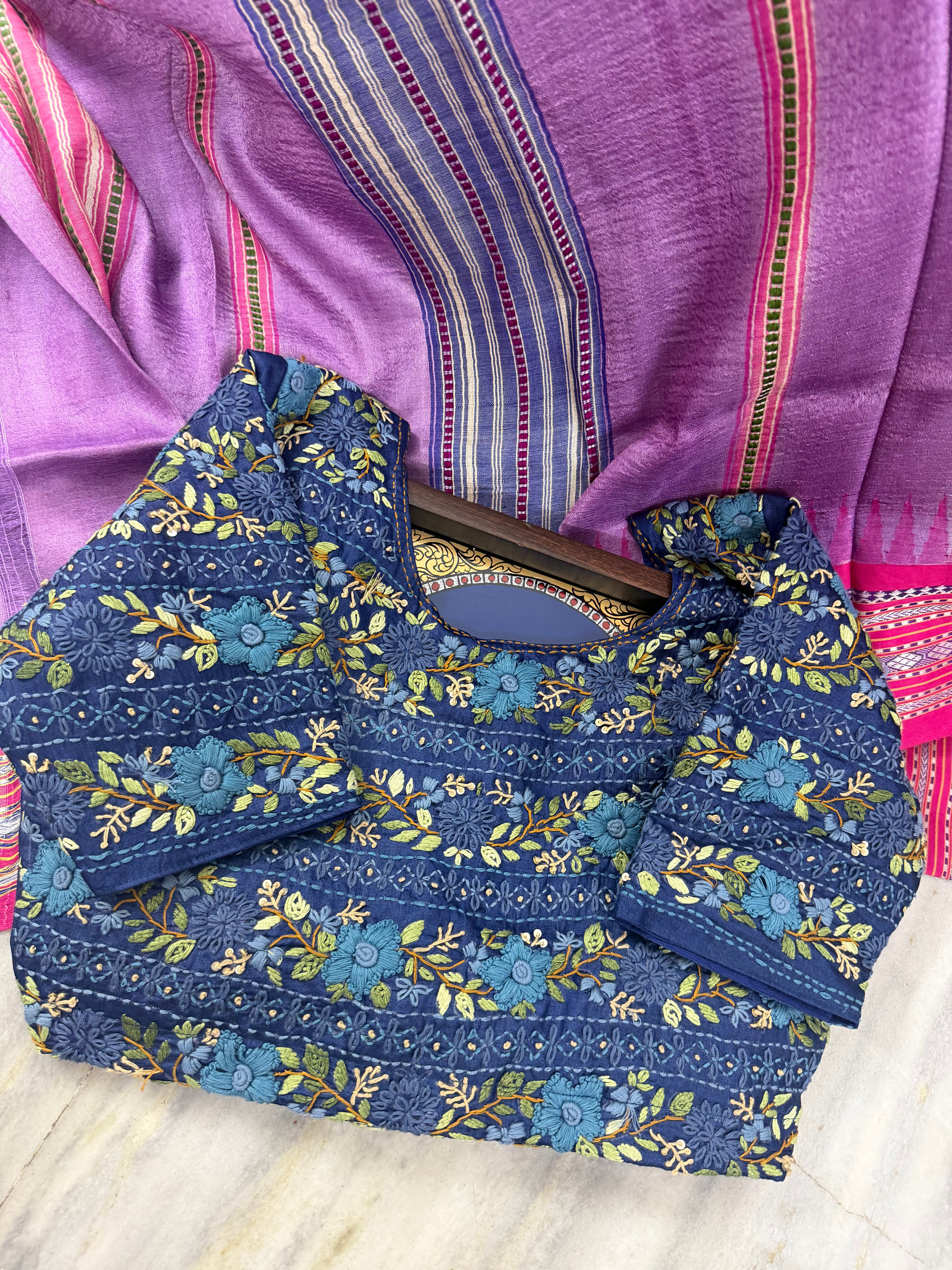 Handcrafted Ready to Wear Blouse - French Knot Embroidery (Dark Blue)
