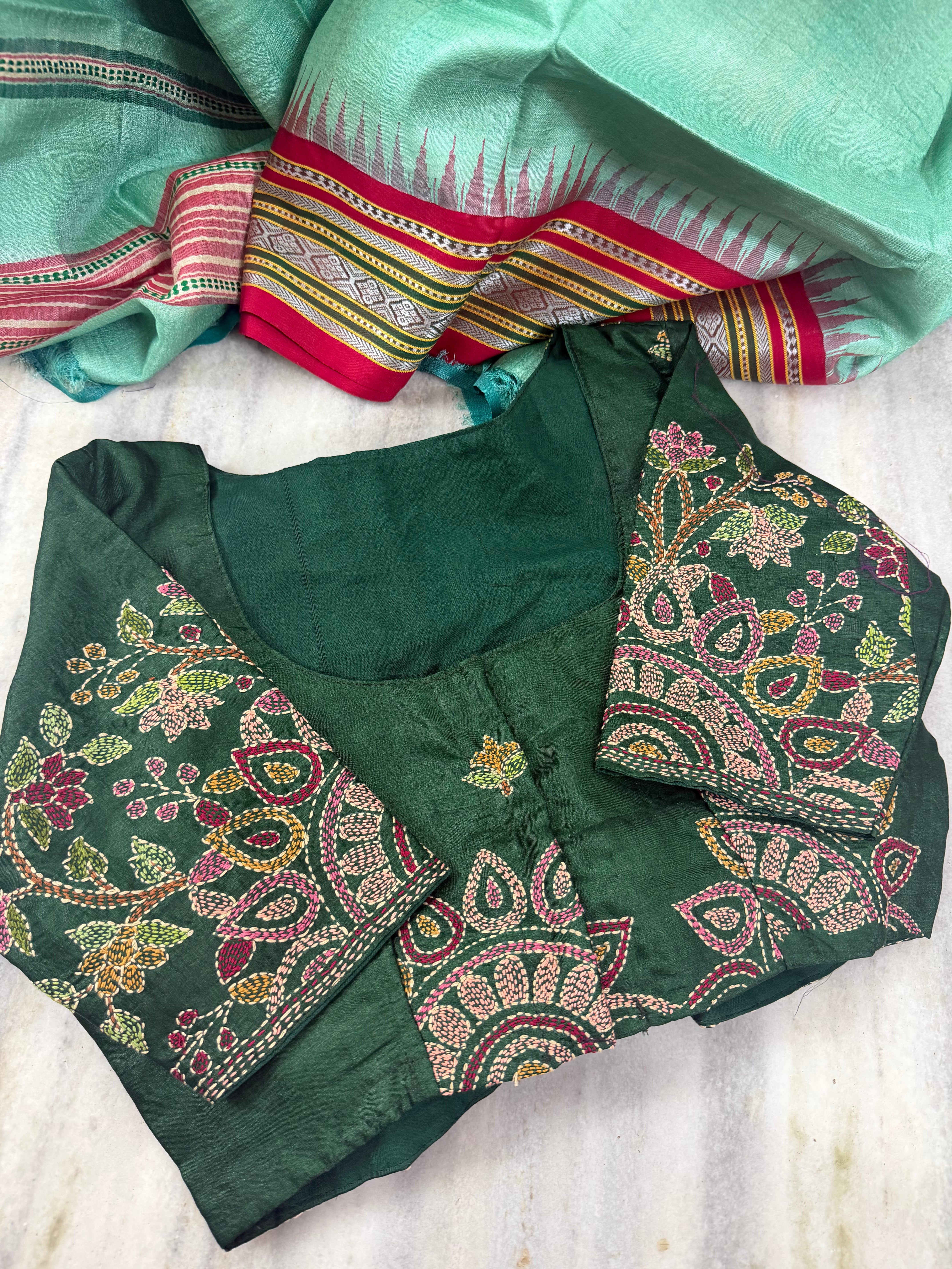 Handcrafted Ready to Wear Blouse - Kantha Embroidery (Dark Green)