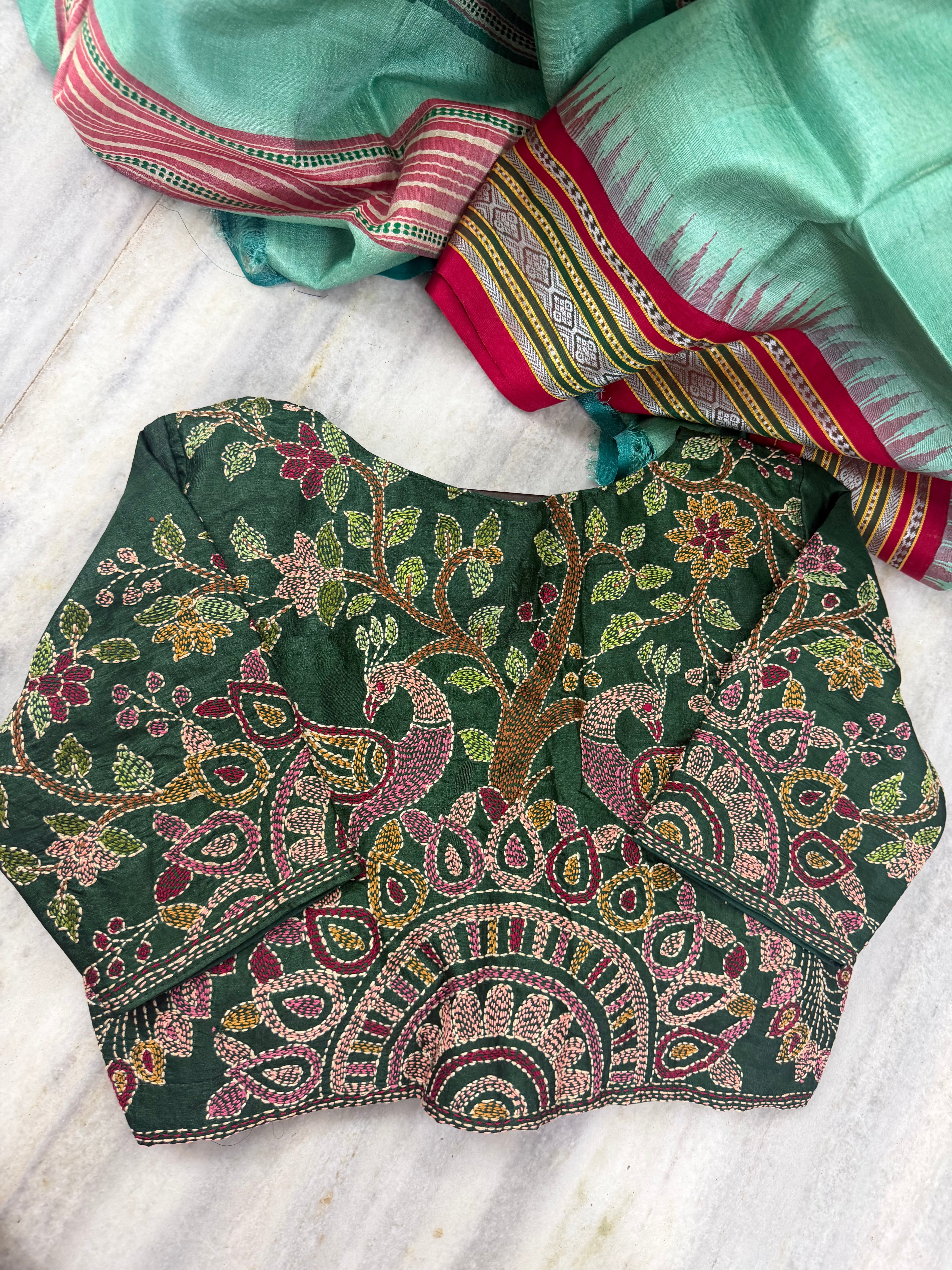 Handcrafted Ready to Wear Blouse - Kantha Embroidery (Dark Green)