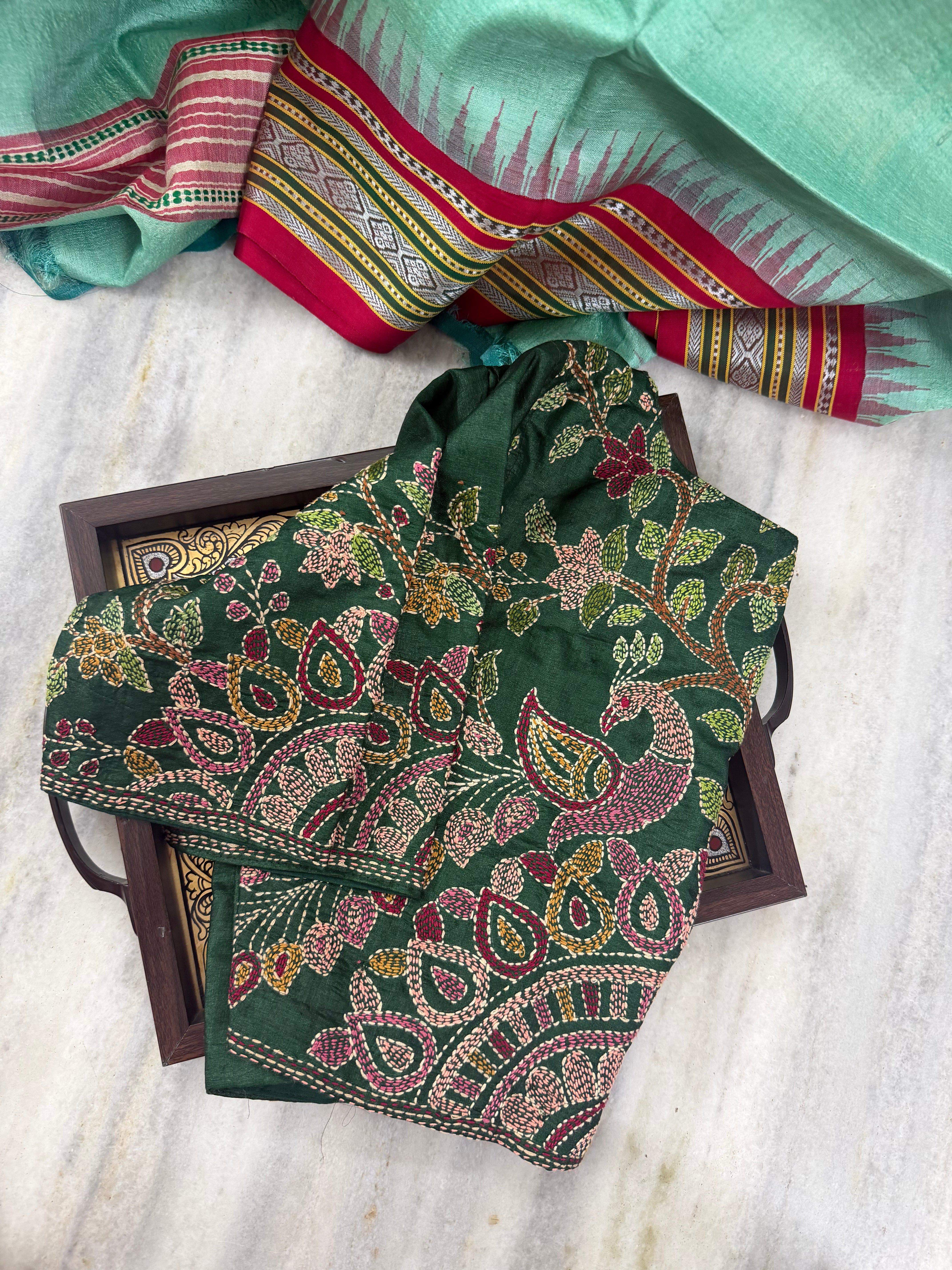 Handcrafted Ready to Wear Blouse - Kantha Embroidery (Dark Green)