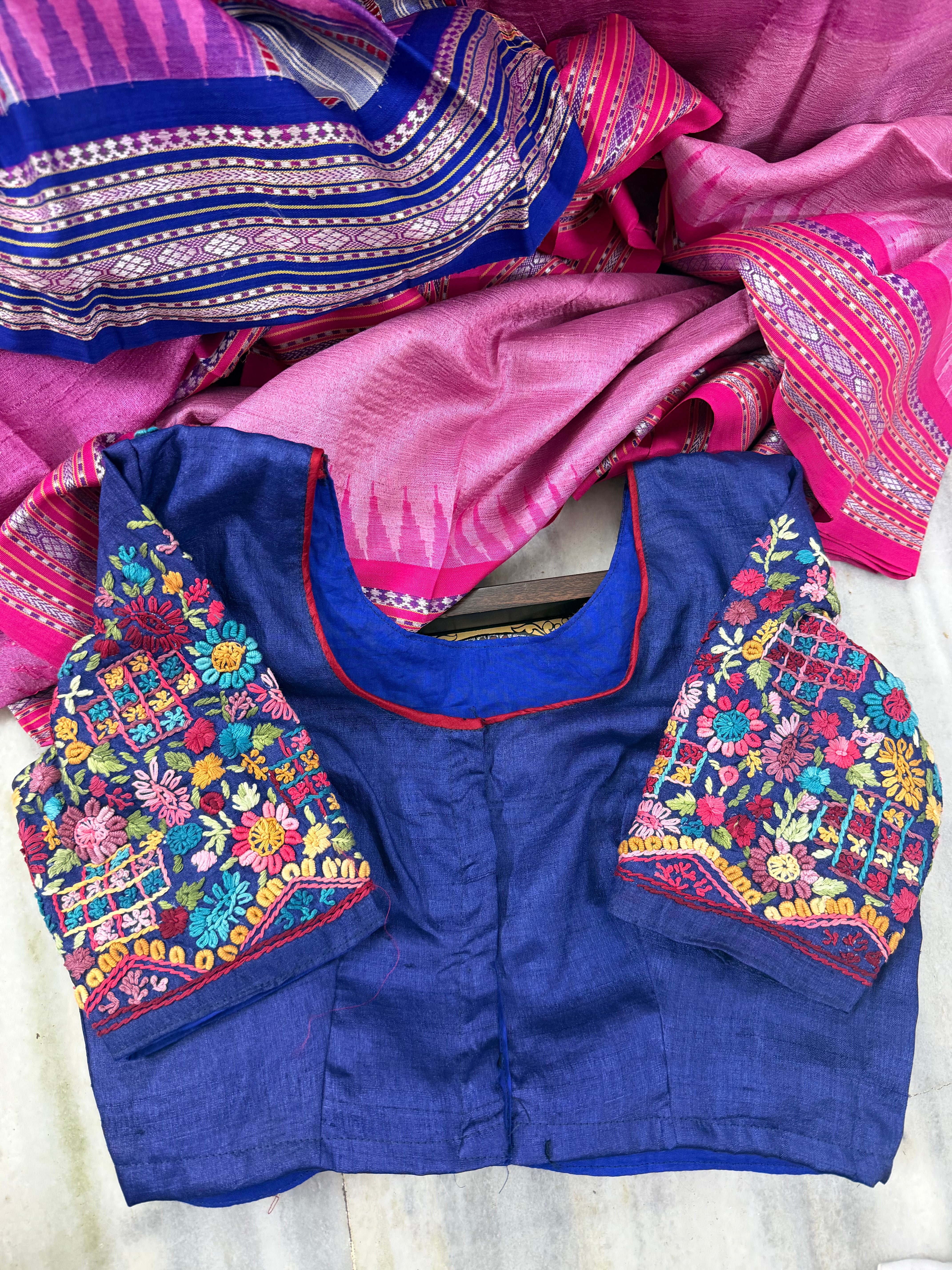 Handcrafted Ready to Wear Blouse - French Knot Embroidery (Dark Blue)