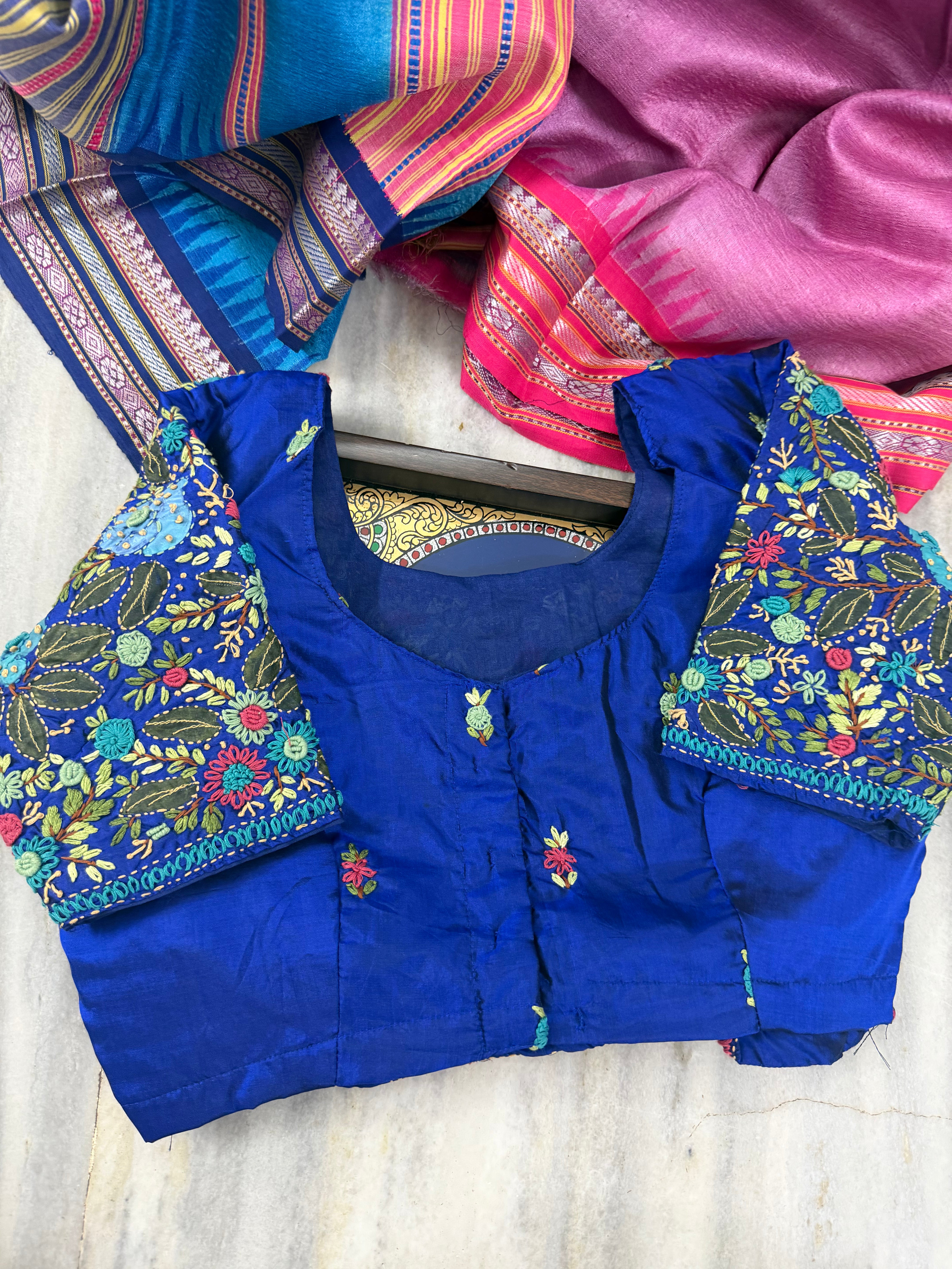 Handcrafted Ready to Wear Blouse - French Knot Embroidery (Electric Blue)