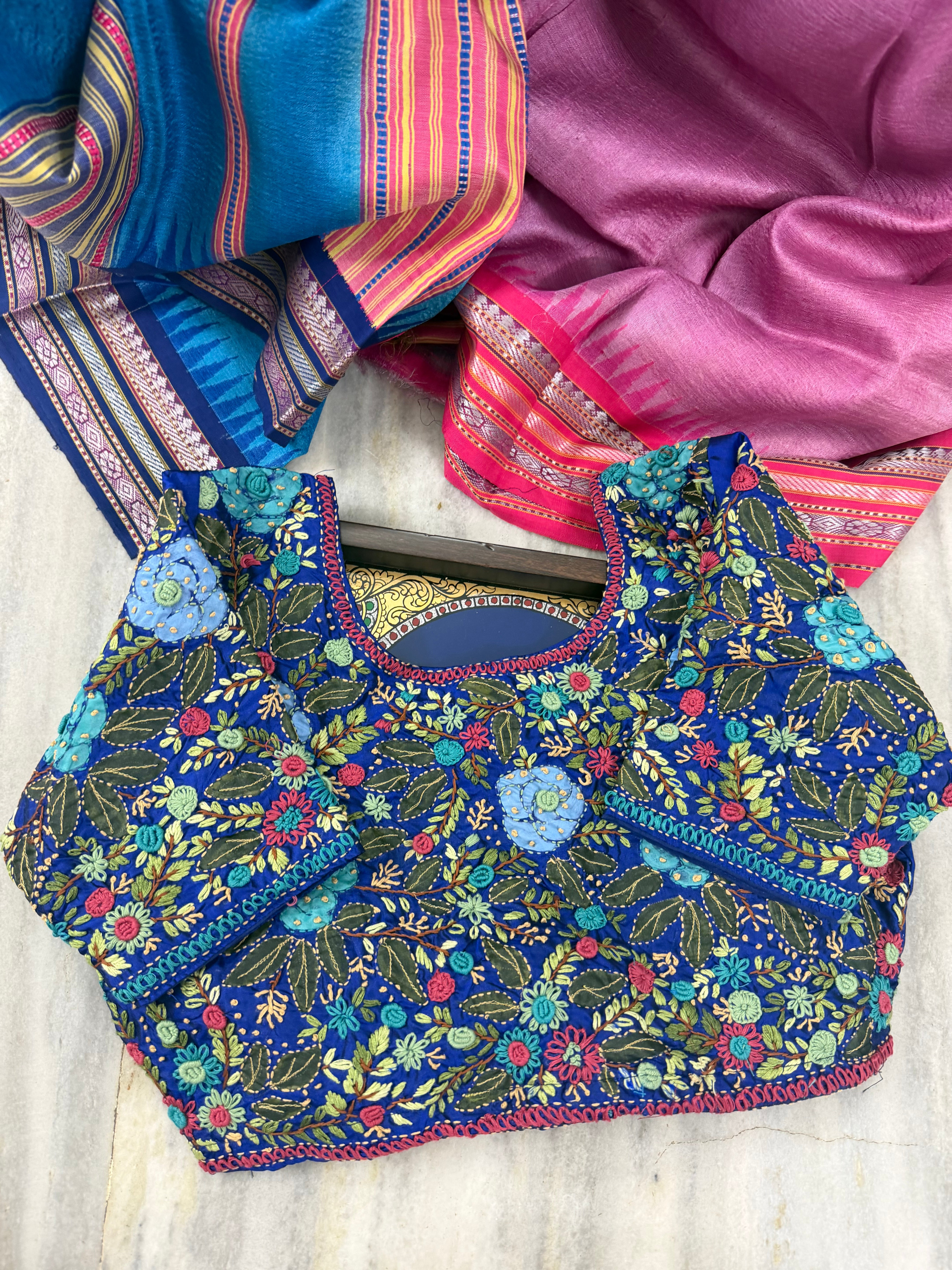 Handcrafted Ready to Wear Blouse - French Knot Embroidery (Electric Blue)