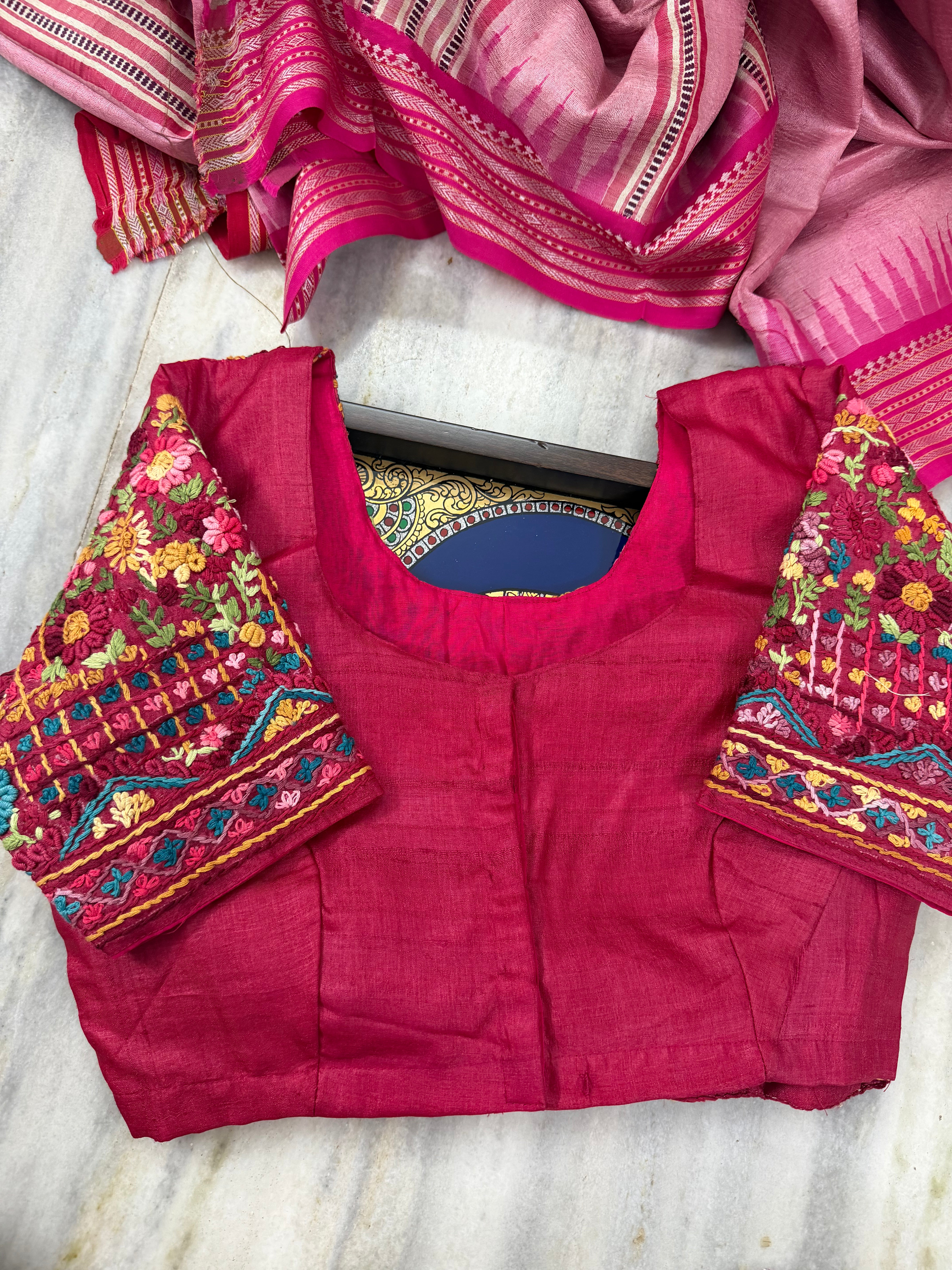 Handcrafted Ready to Wear Blouse - French Knot Embroidery (Reddish Pink)