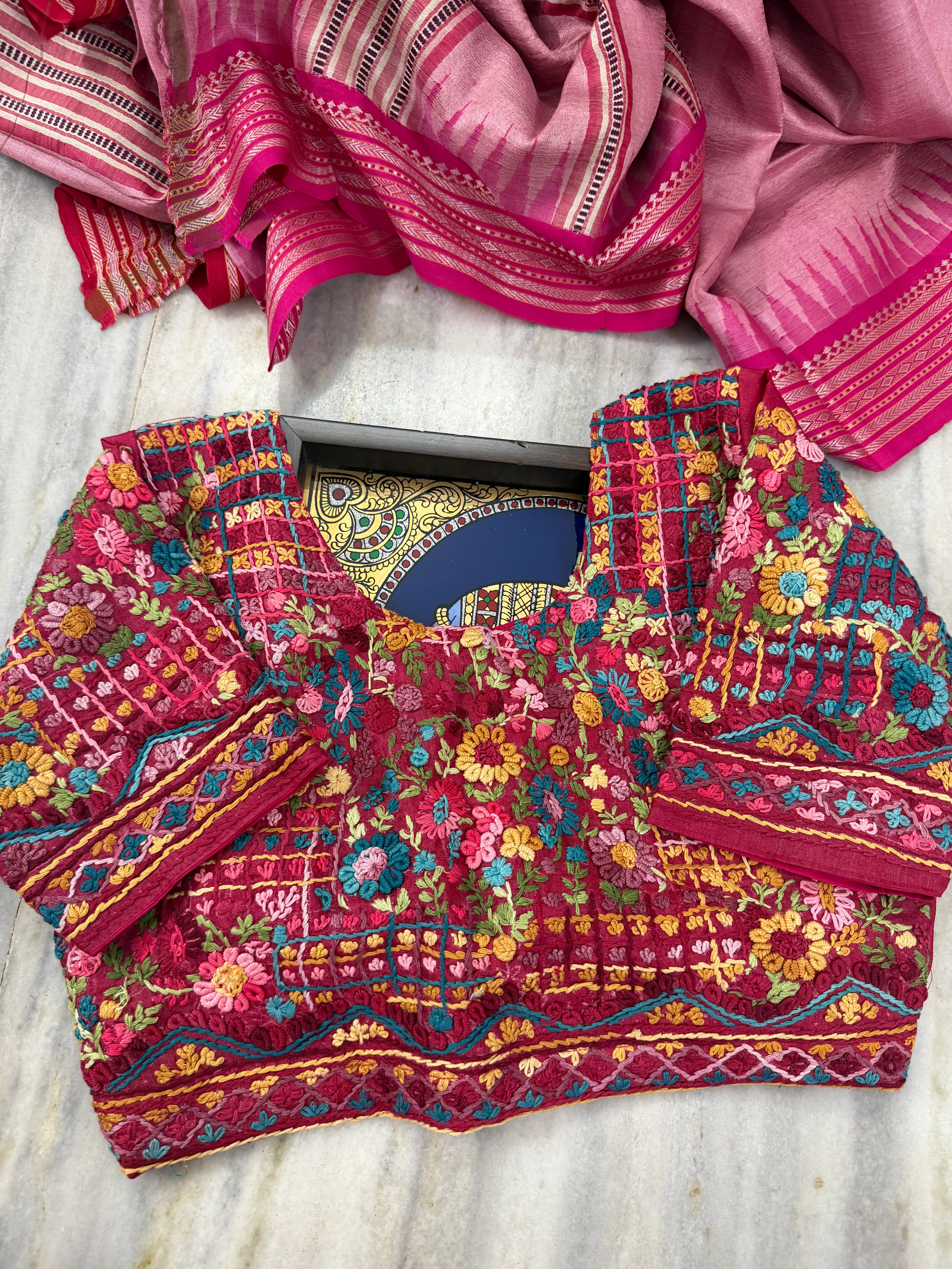 Handcrafted Ready to Wear Blouse - French Knot Embroidery (Reddish Pink)