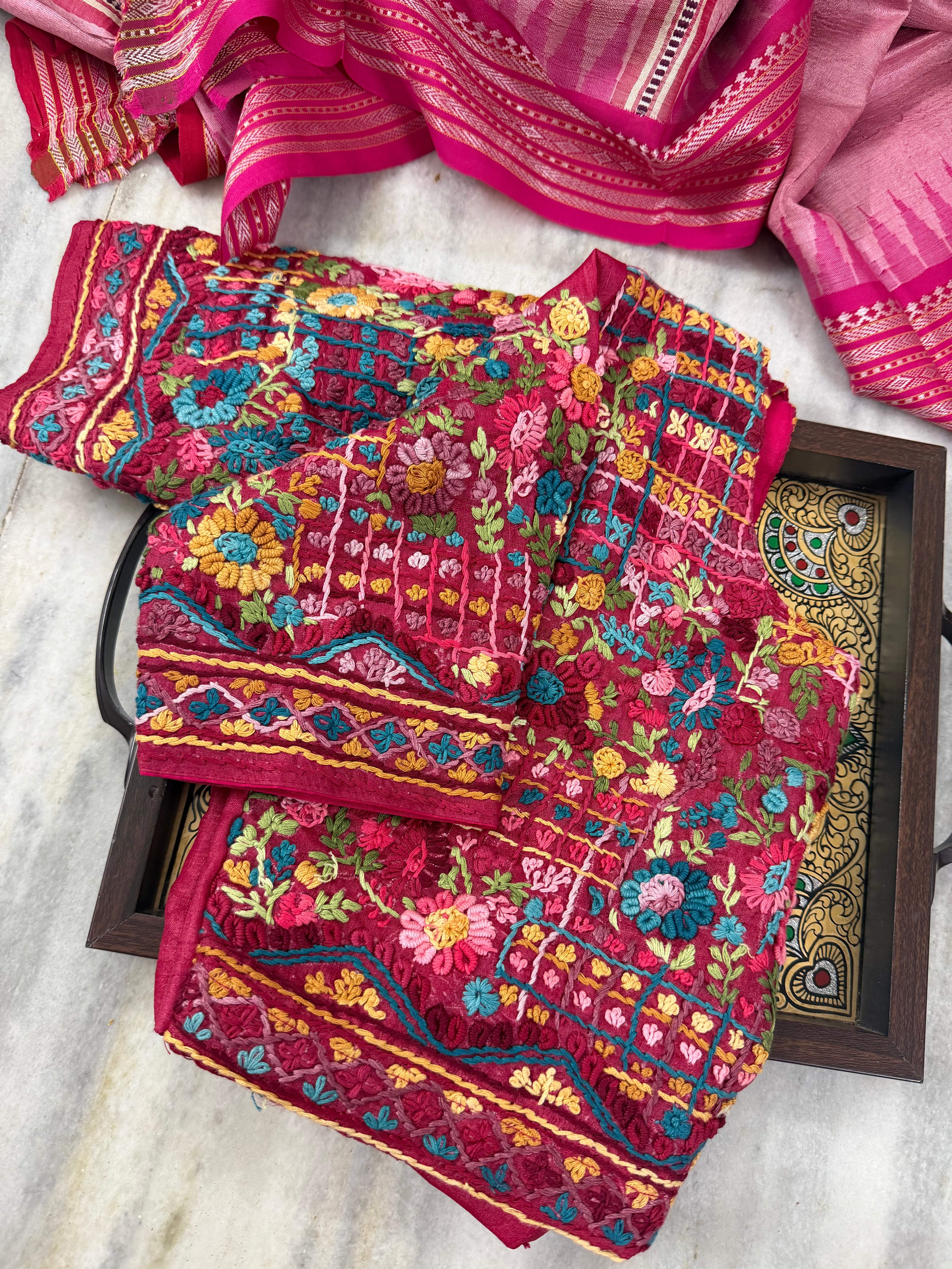 Handcrafted Ready to Wear Blouse - French Knot Embroidery (Reddish Pink)