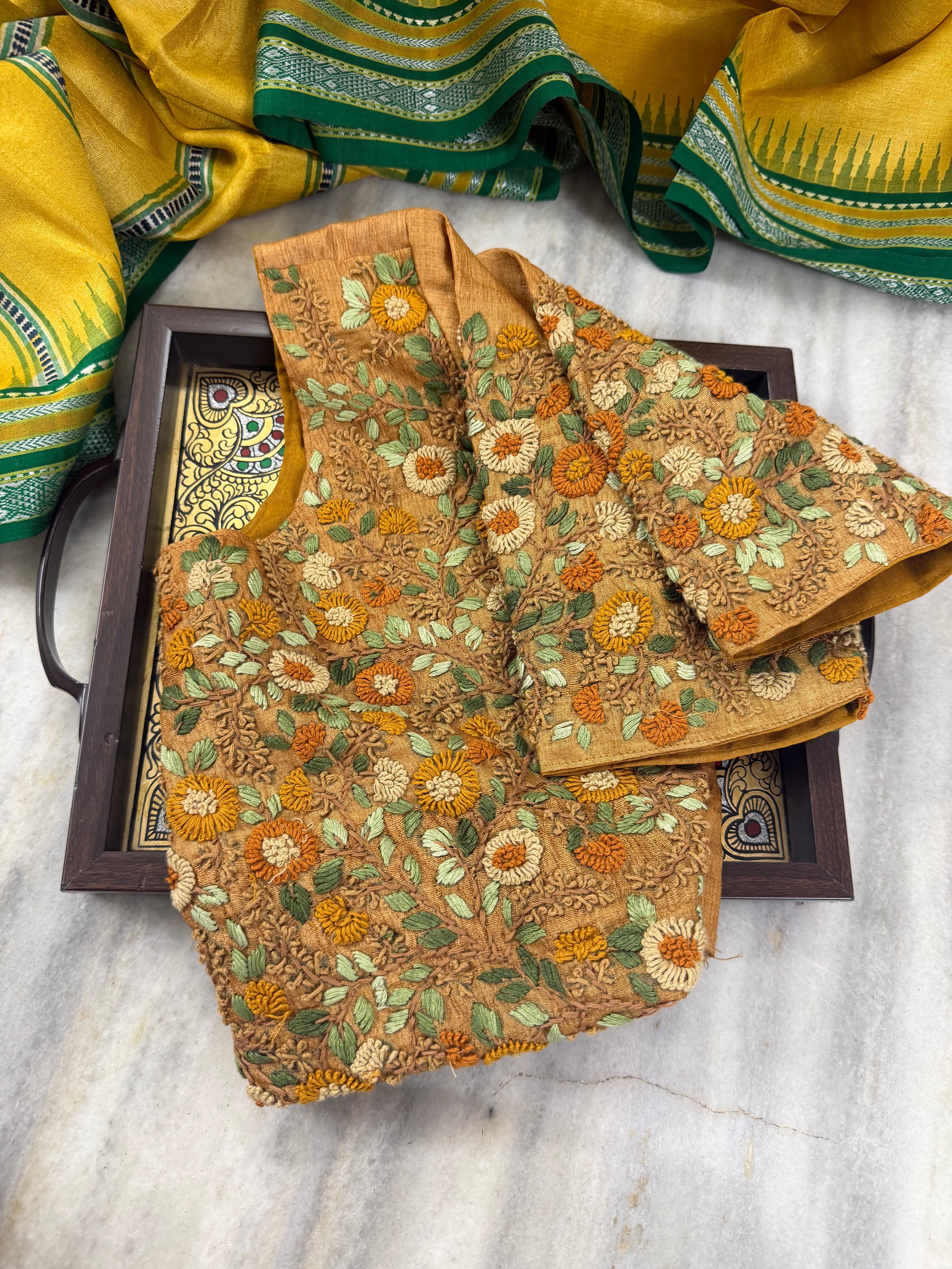 Handcrafted Ready to Wear Blouse - French Knot Embroidery (Ochre Yellow)