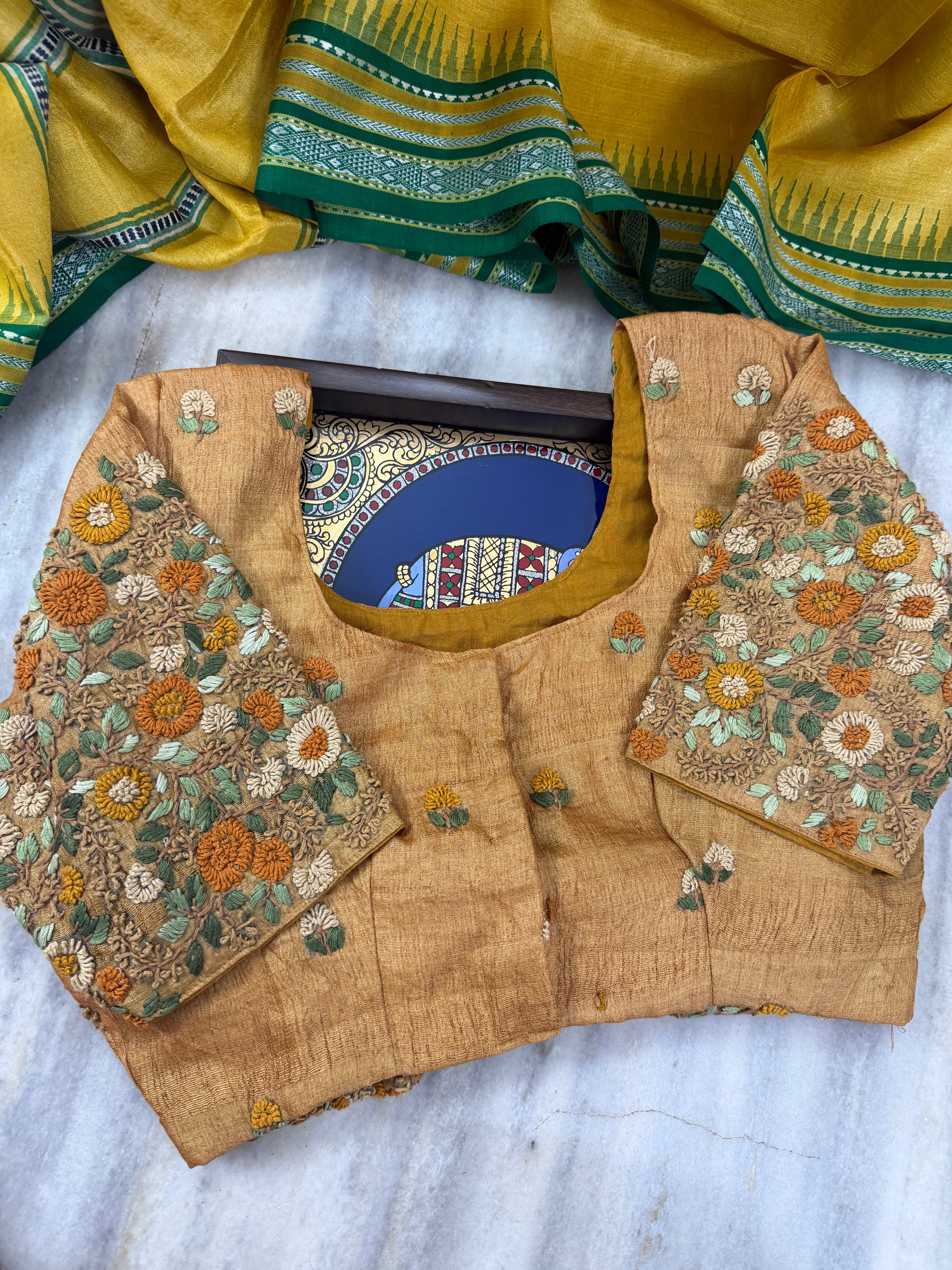 Handcrafted Ready to Wear Blouse - French Knot Embroidery (Ochre Yellow)