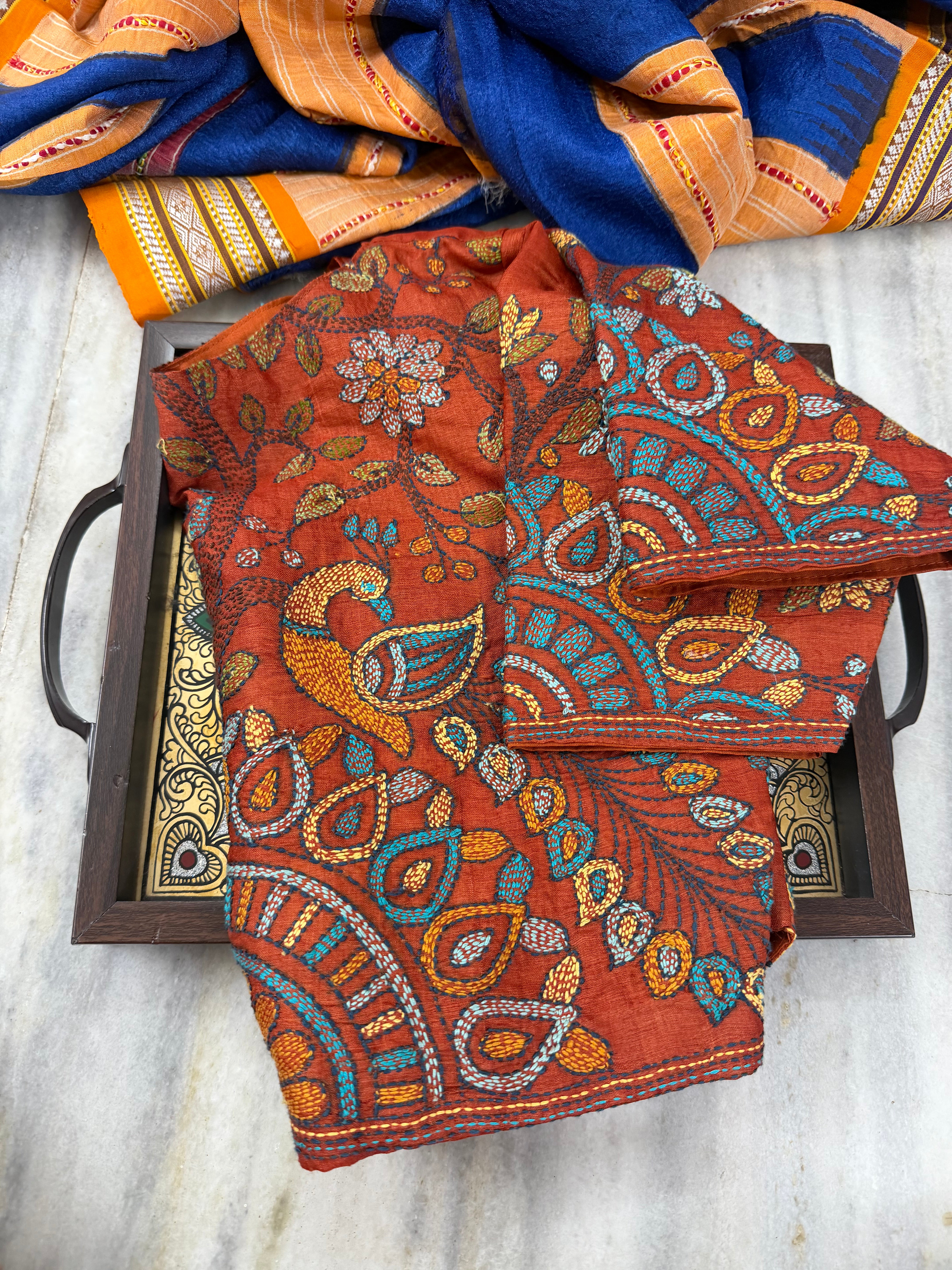 Handcrafted Ready to Wear Blouse - Kantha Embroidery (Honey Orange)