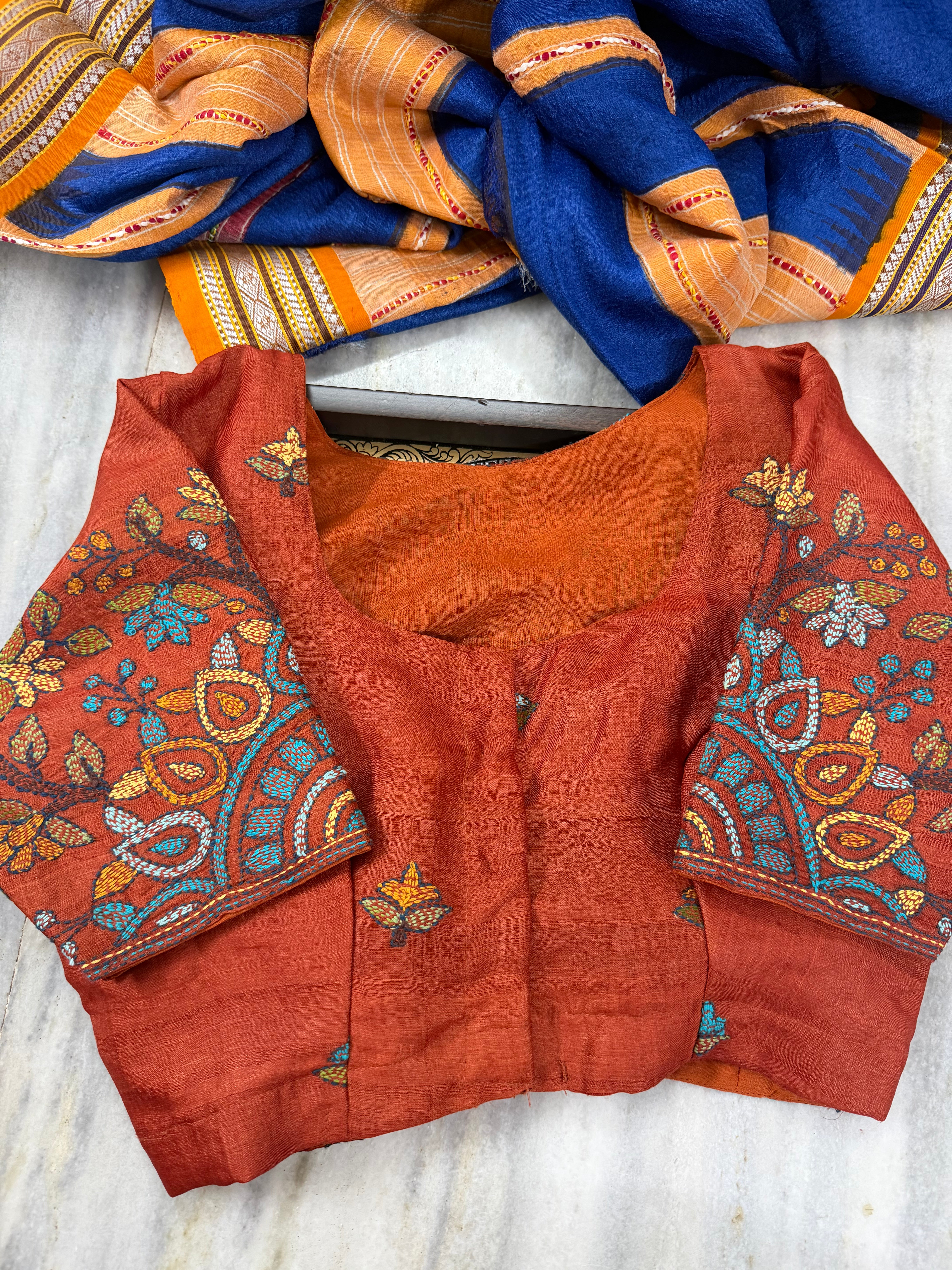 Handcrafted Ready to Wear Blouse - Kantha Embroidery (Honey Orange)