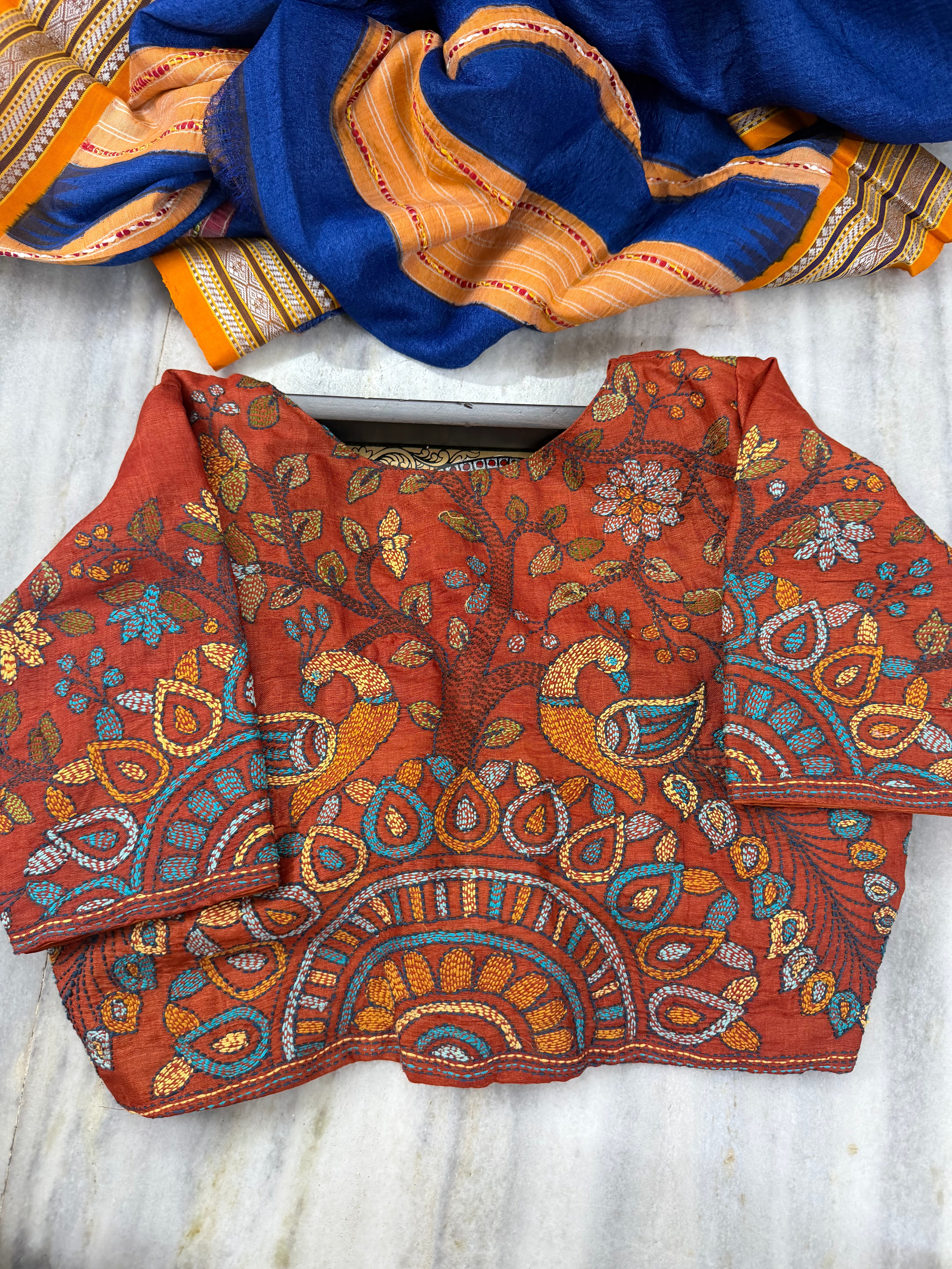 Handcrafted Ready to Wear Blouse - Kantha Embroidery (Honey Orange)