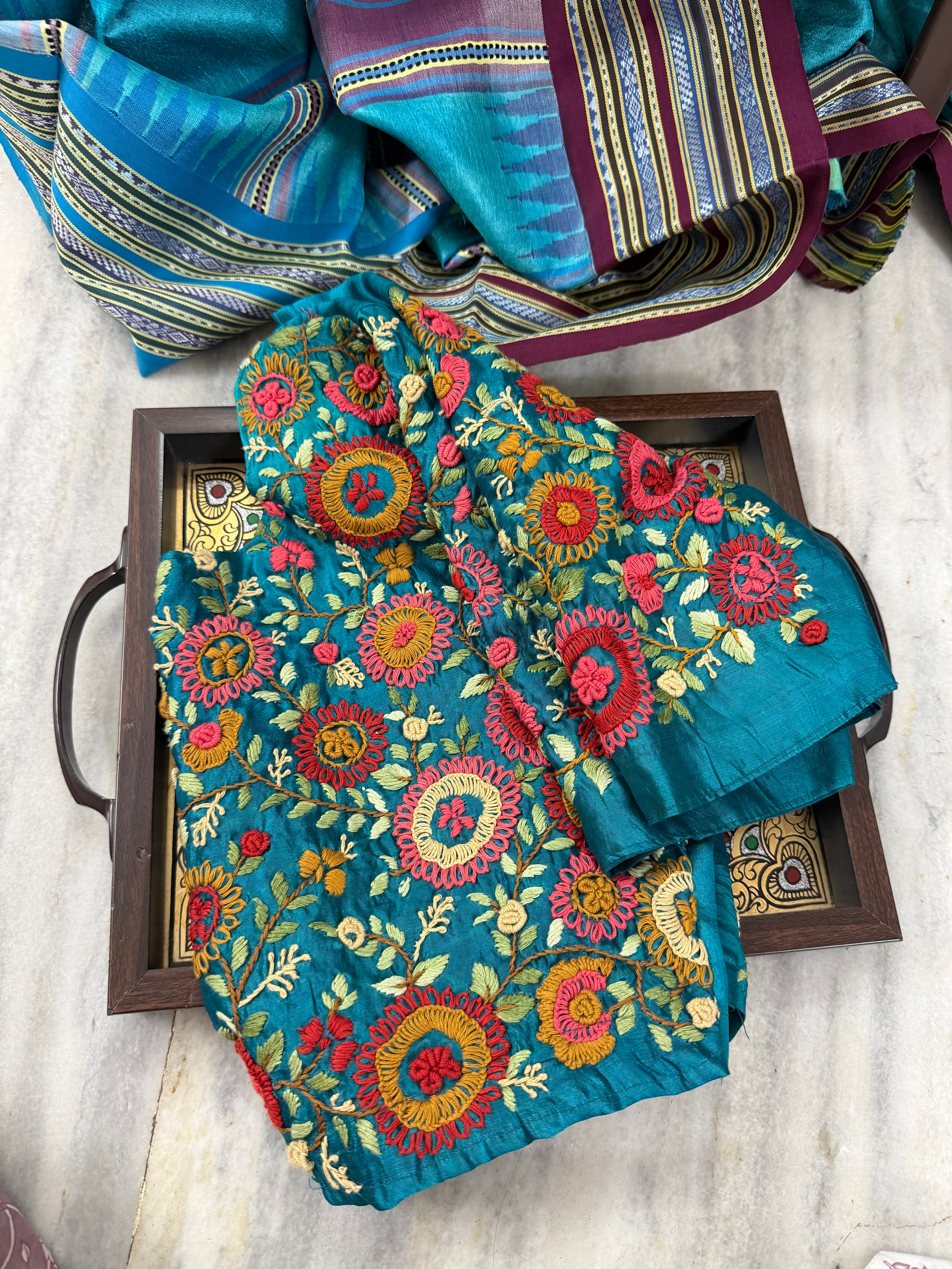 Handcrafted Ready to Wear Blouse - French Knot Embroidery (Copper Sulphate Blue)