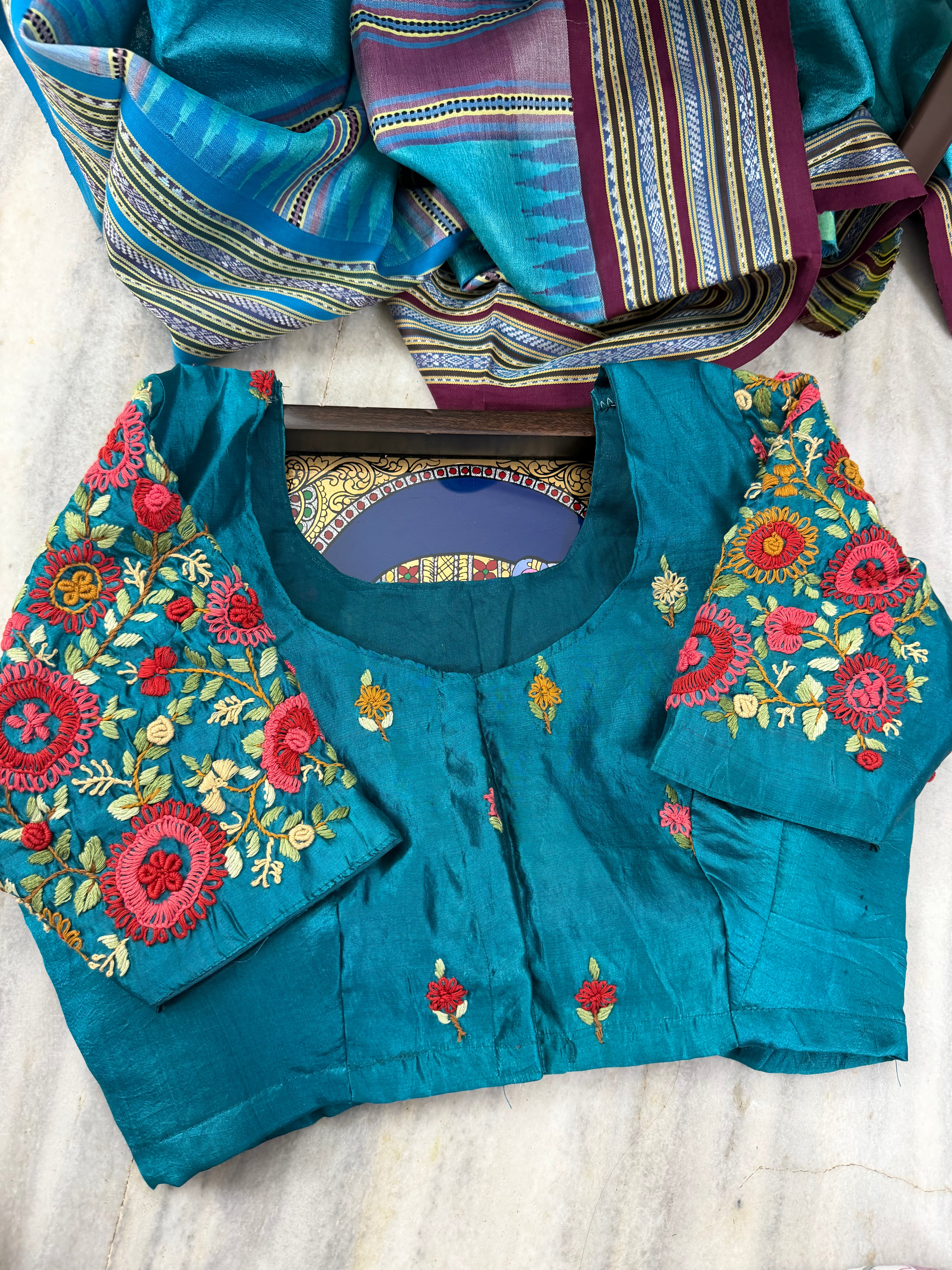 Handcrafted Ready to Wear Blouse - French Knot Embroidery (Copper Sulphate Blue)
