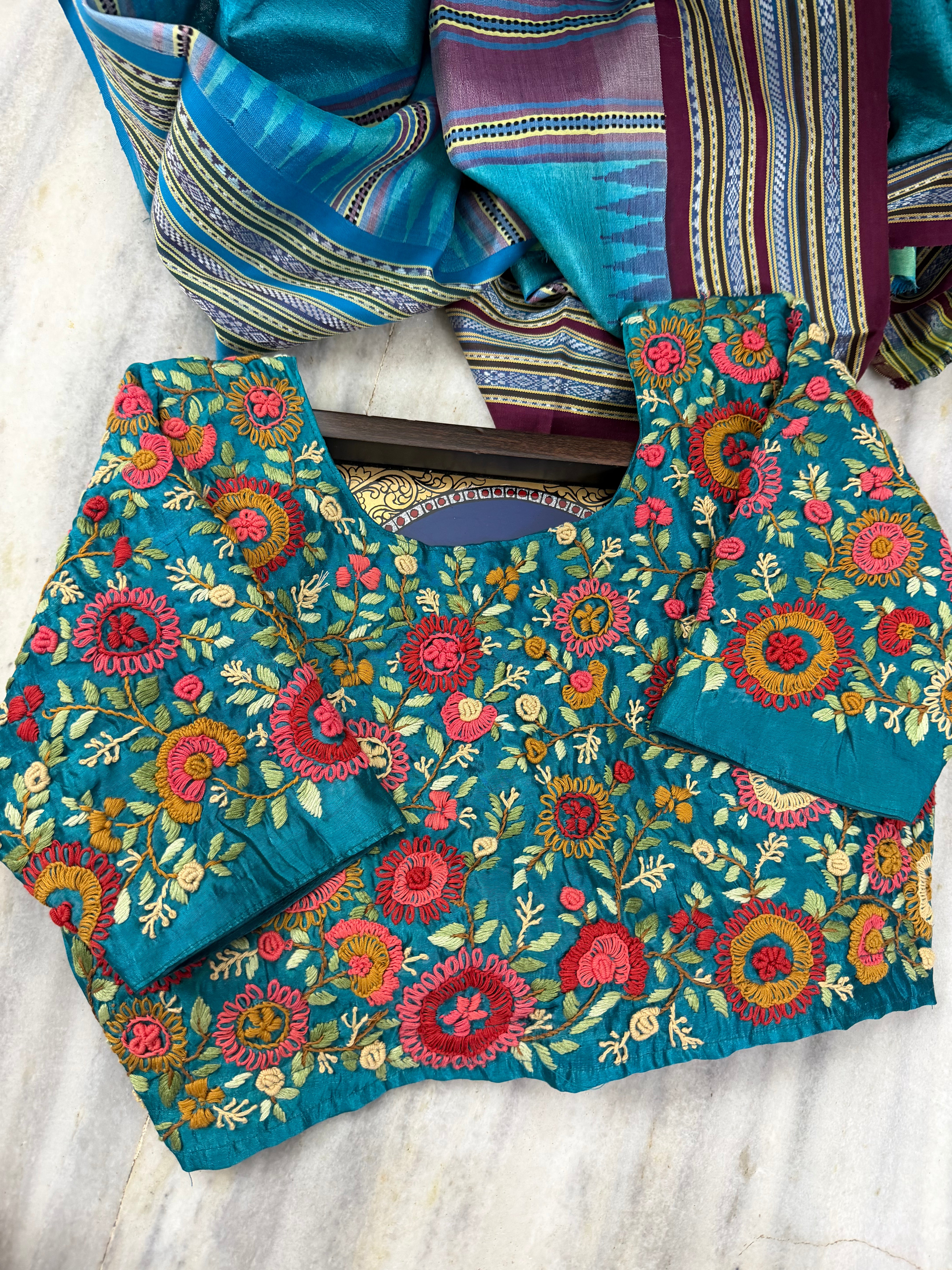 Handcrafted Ready to Wear Blouse - French Knot Embroidery (Copper Sulphate Blue)