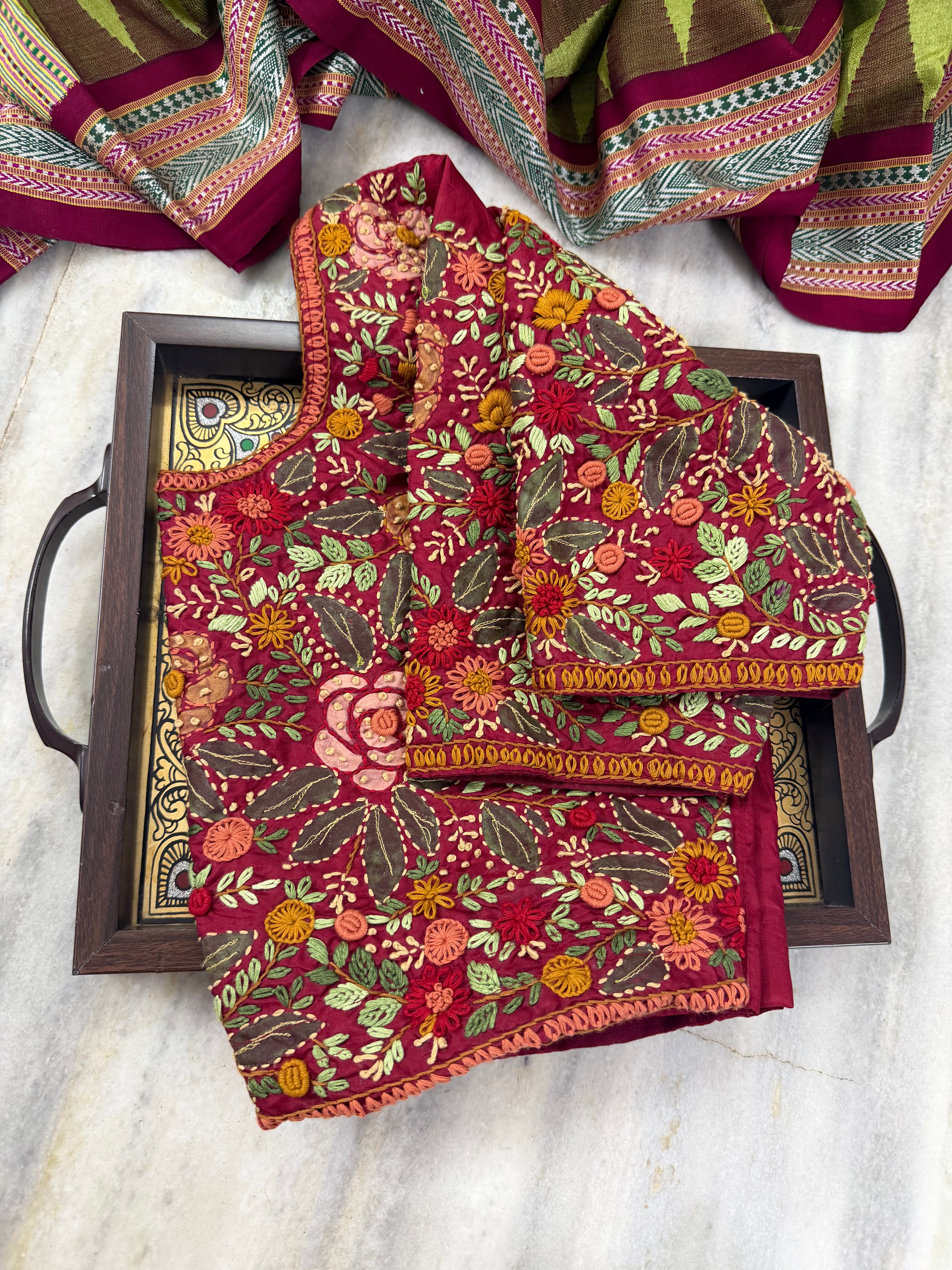 Handcrafted Ready to Wear Blouse - French Knot Embroidery (Maroon)