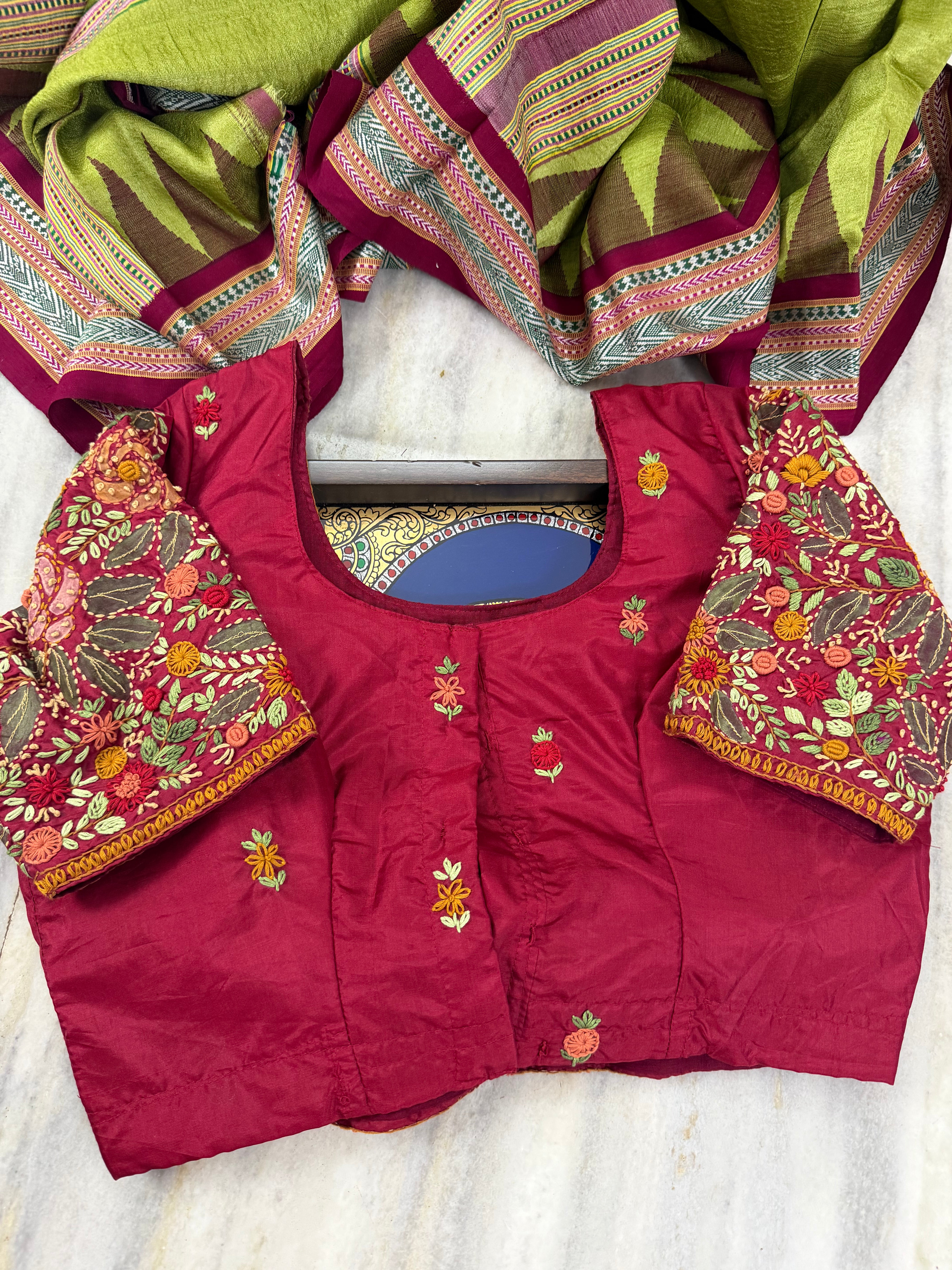 Handcrafted Ready to Wear Blouse - French Knot Embroidery (Maroon)