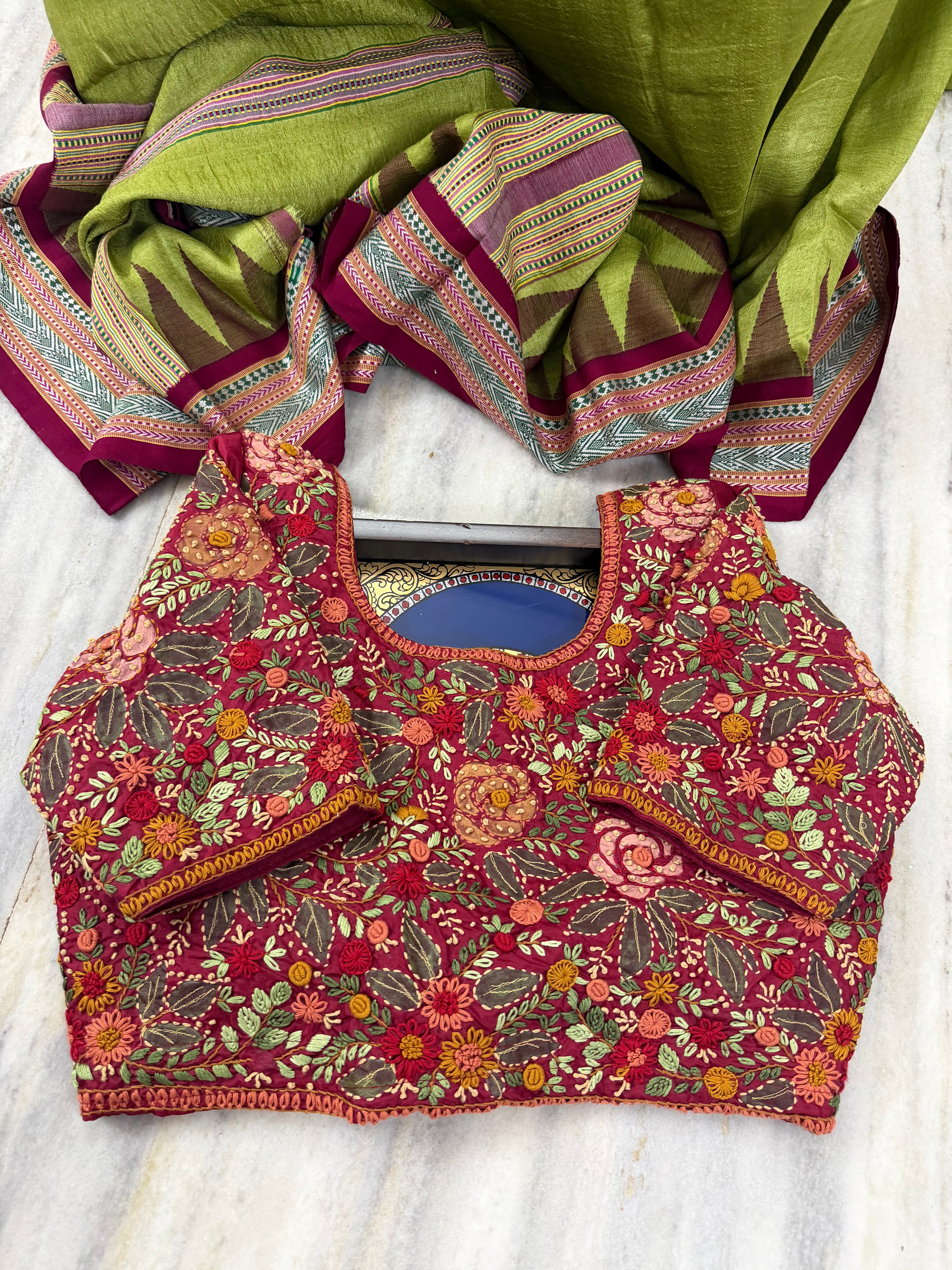 Handcrafted Ready to Wear Blouse - French Knot Embroidery (Maroon)