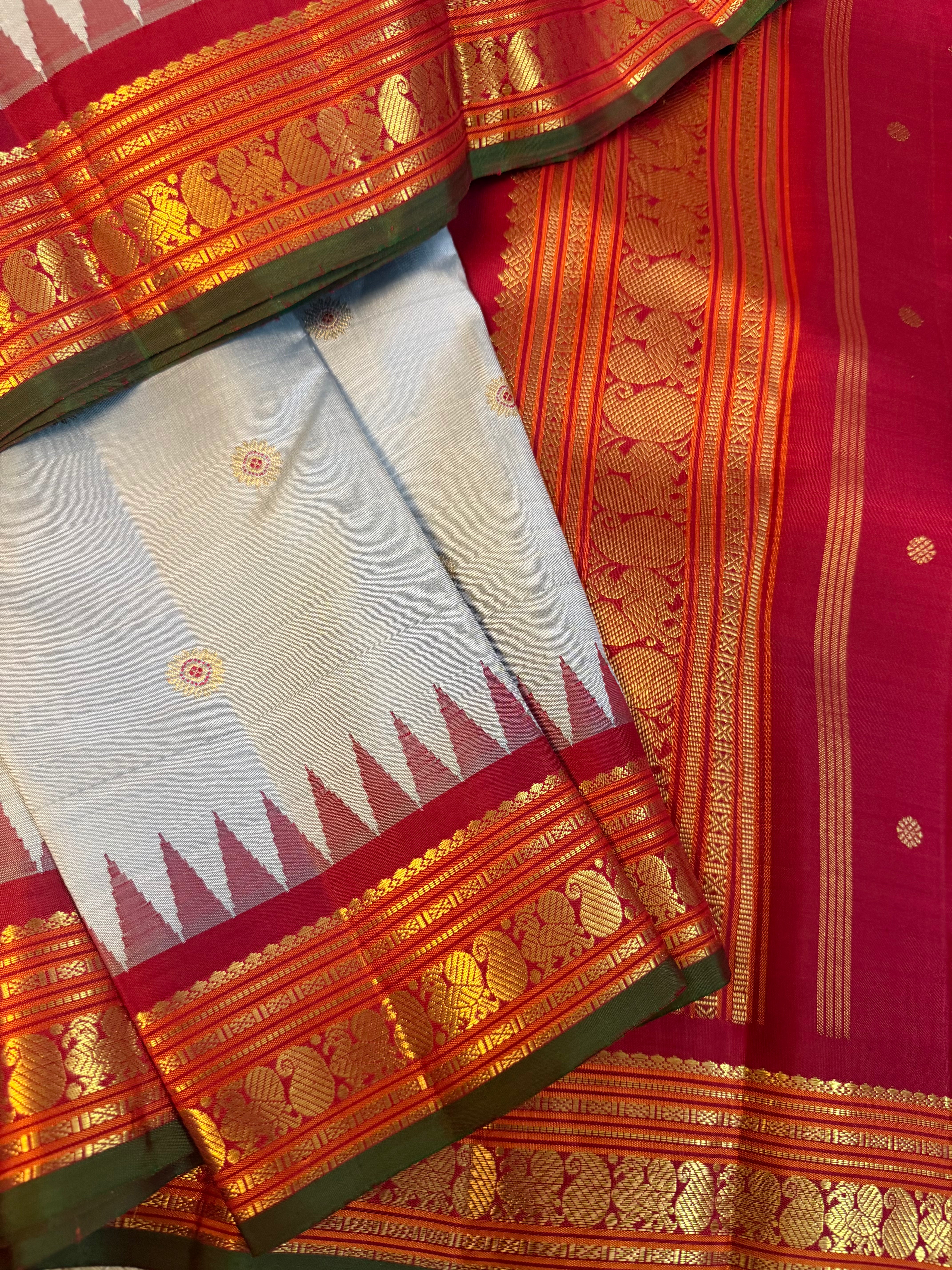 MYTHILI : Vintage Inspired Korvai Kanjivaram (Powder blue Grey)