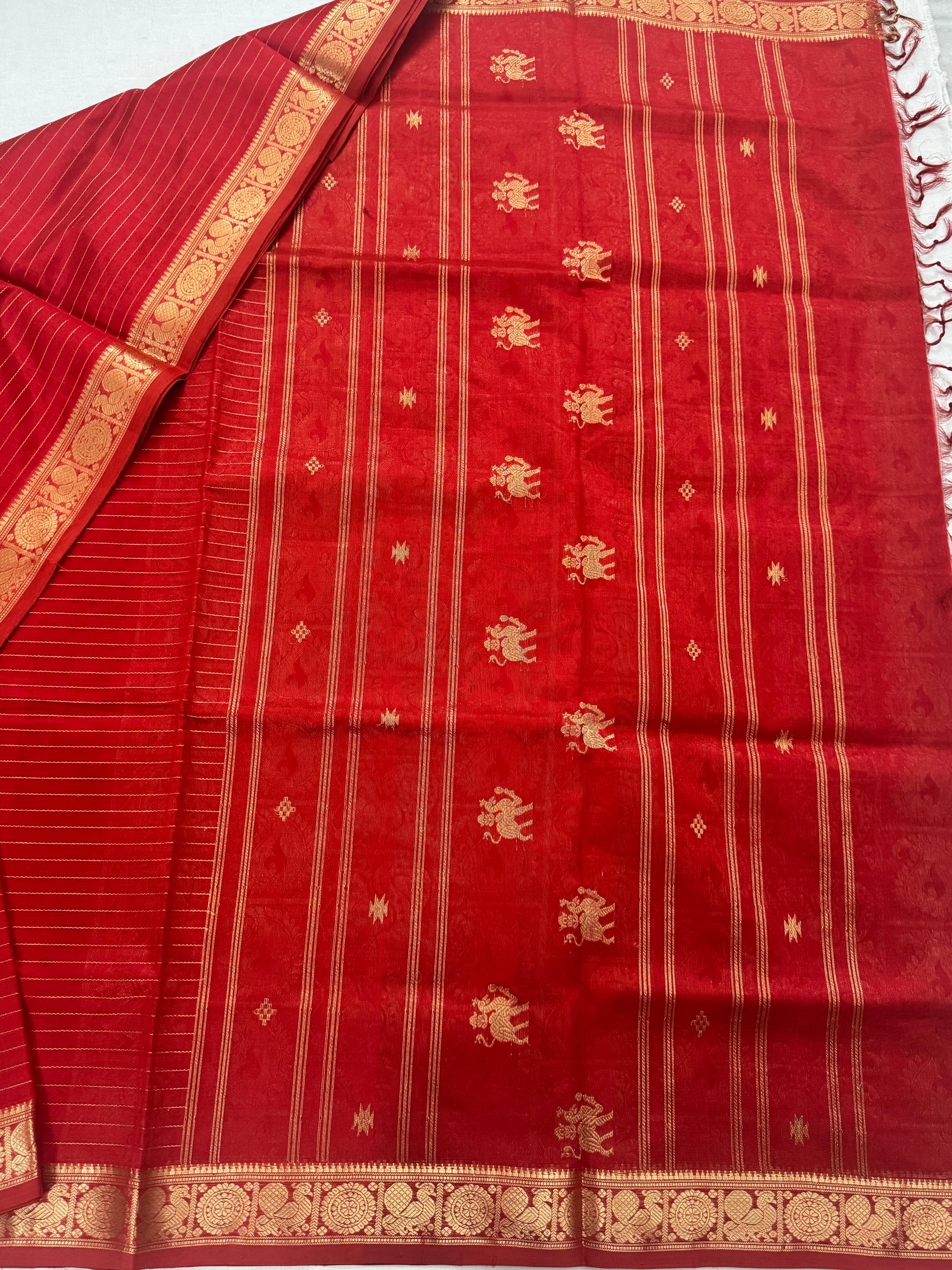 Handwoven Silk Cotton : Yaali Pallu in Sunset Orange