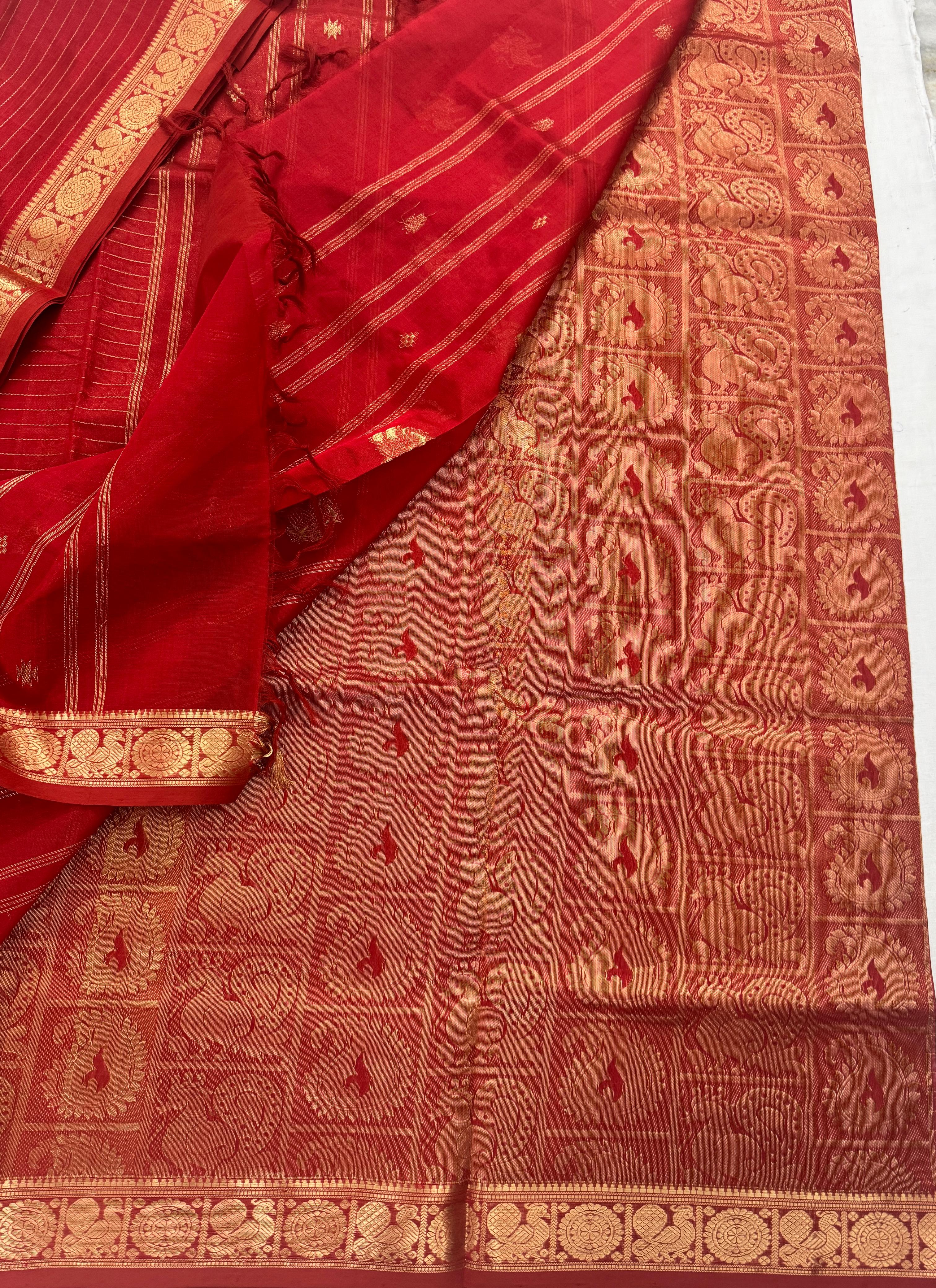 Handwoven Silk Cotton : Yaali Pallu in Sunset Orange