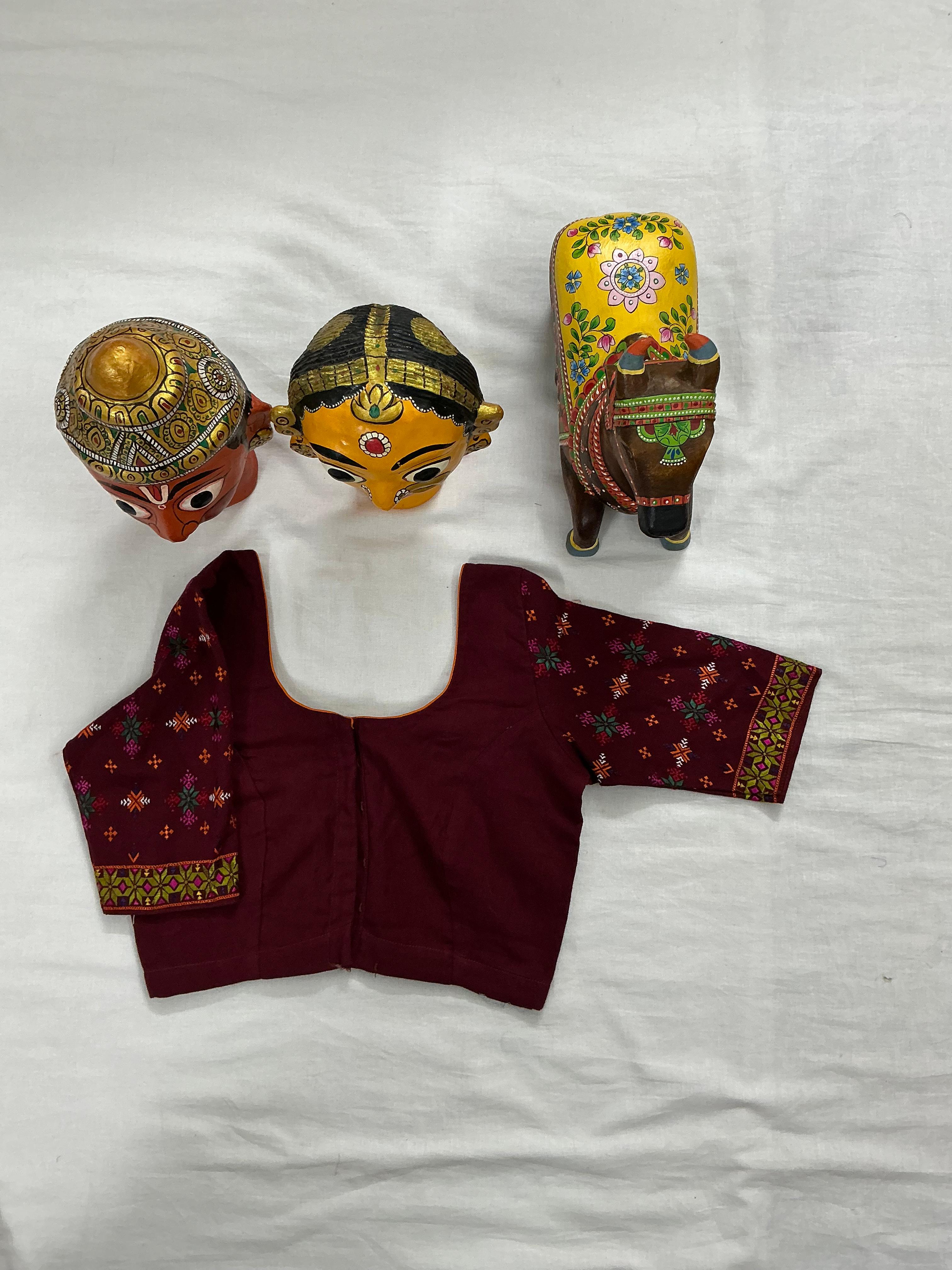 Handcrafted Ready to Wear Cotton Blouse - Maroon (Suf Embroidery)