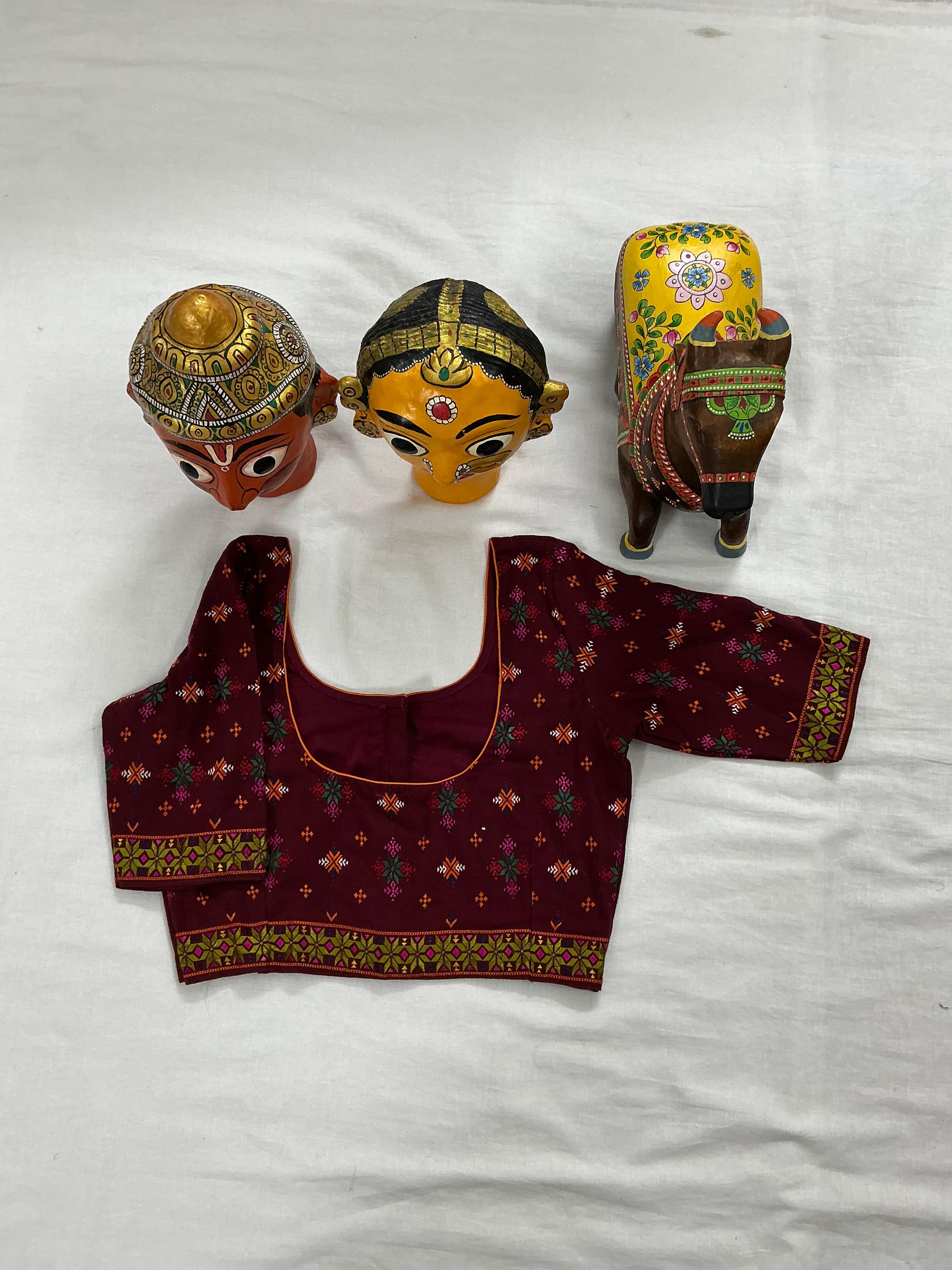 Handcrafted Ready to Wear Cotton Blouse - Maroon (Suf Embroidery)