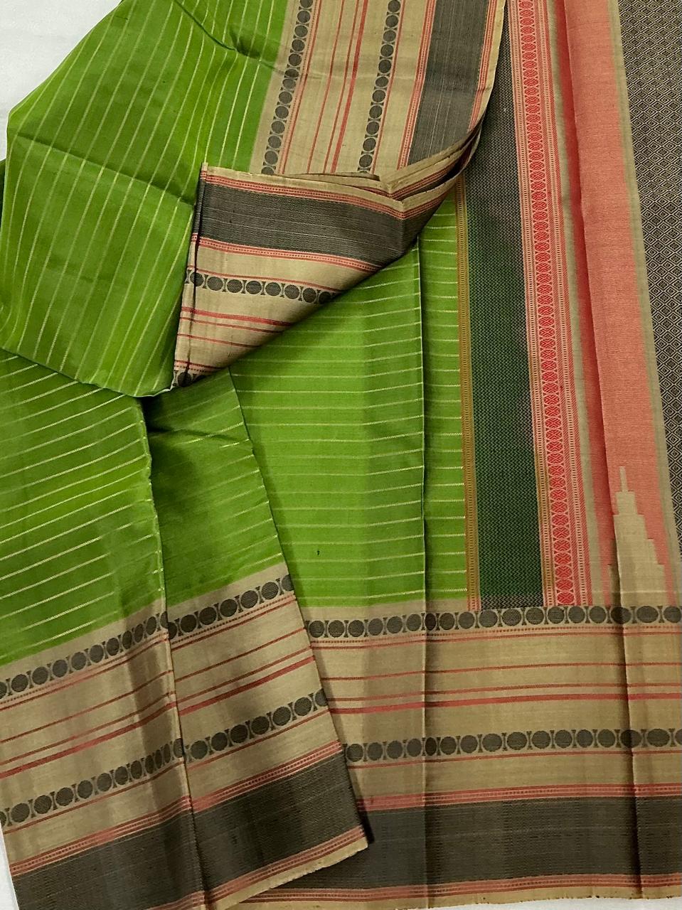 No Zari Kanjivaram Soft Silk : Green & Grey