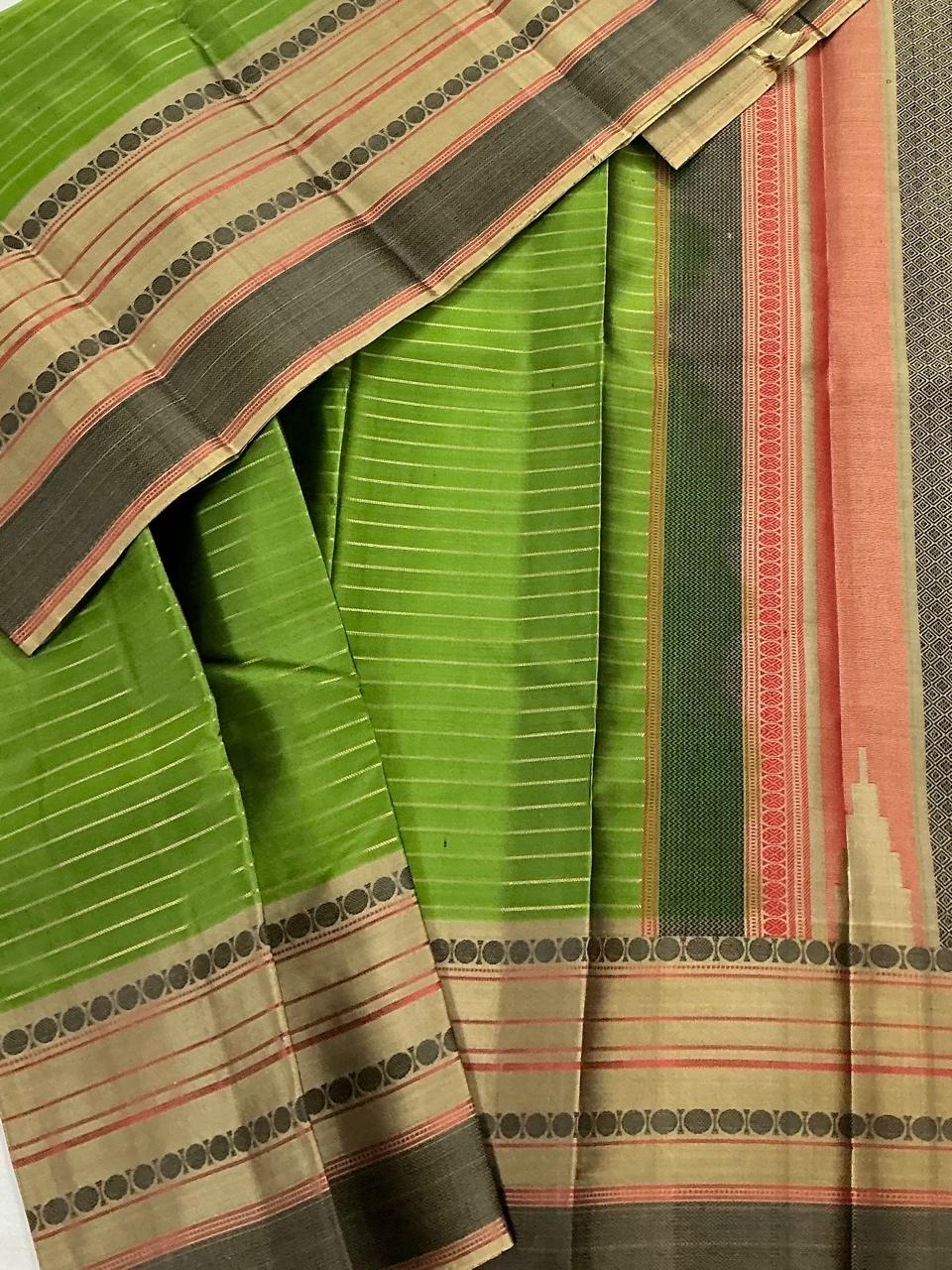 No Zari Kanjivaram Soft Silk : Green & Grey