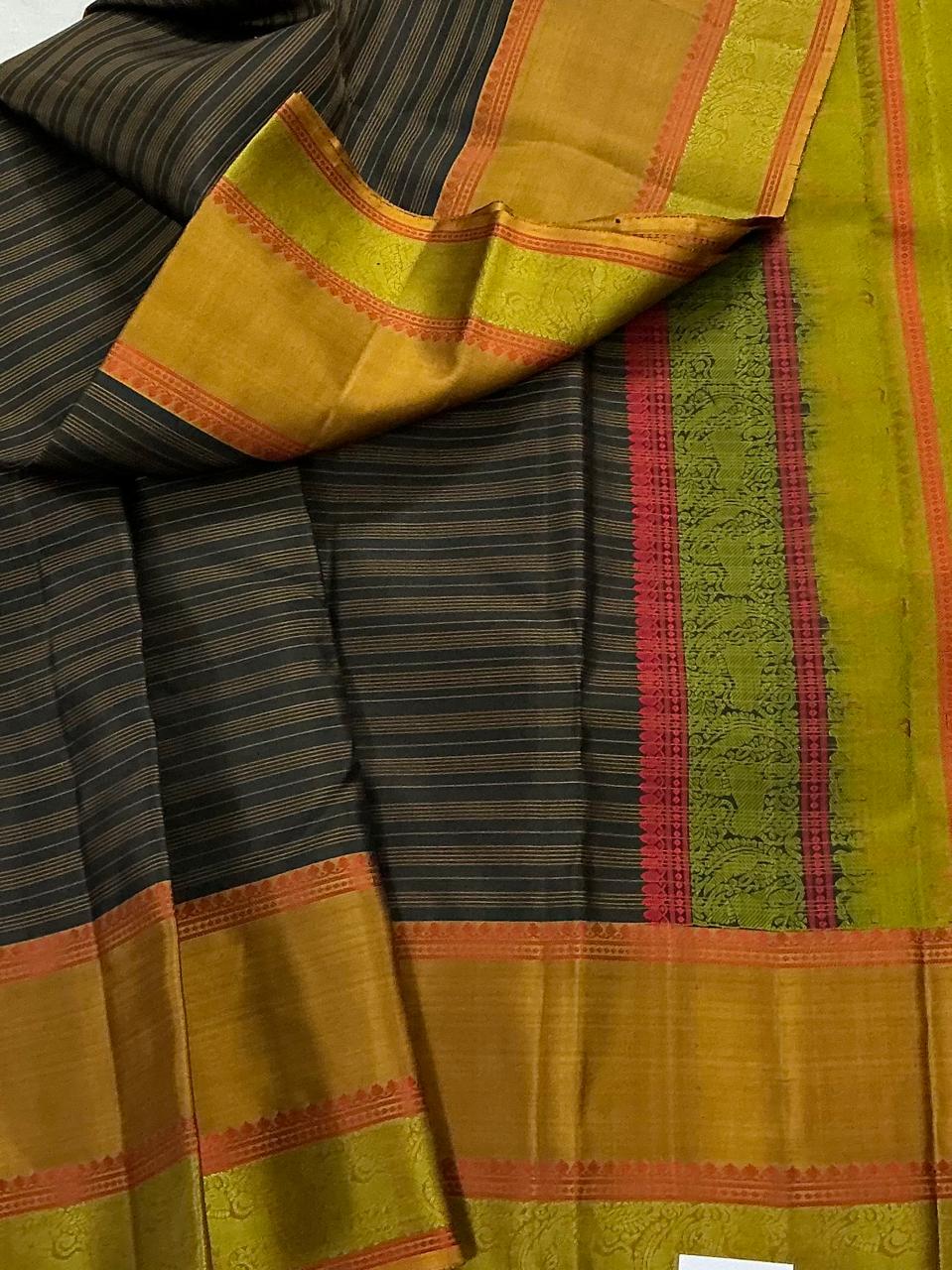 No Zari Kanjivaram Silk :Black and Olive