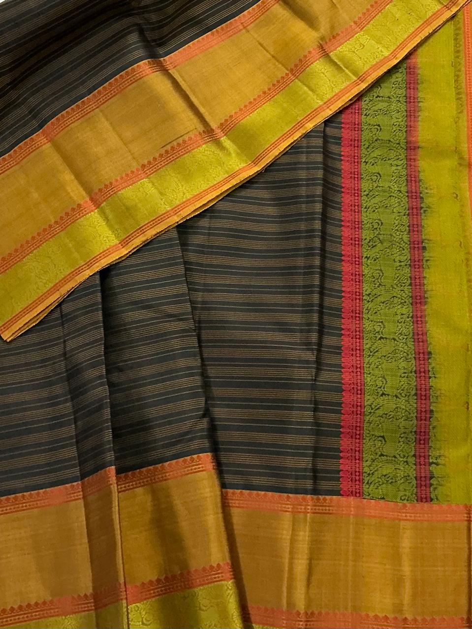 No Zari Kanjivaram Silk :Black and Olive