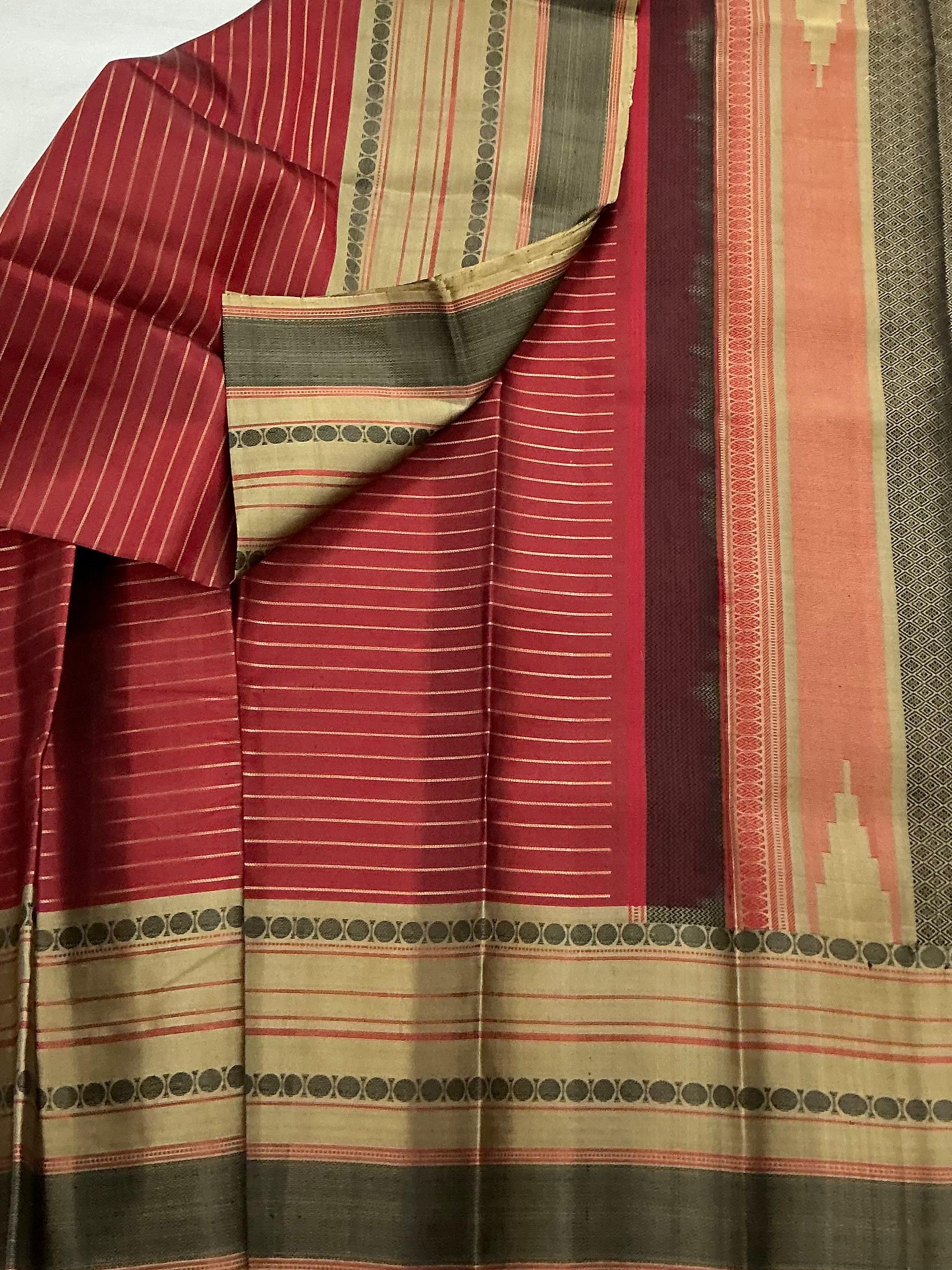 No Zari Kanjivaram Silk : Deep Scarlet Red/Maroon  & Grey
