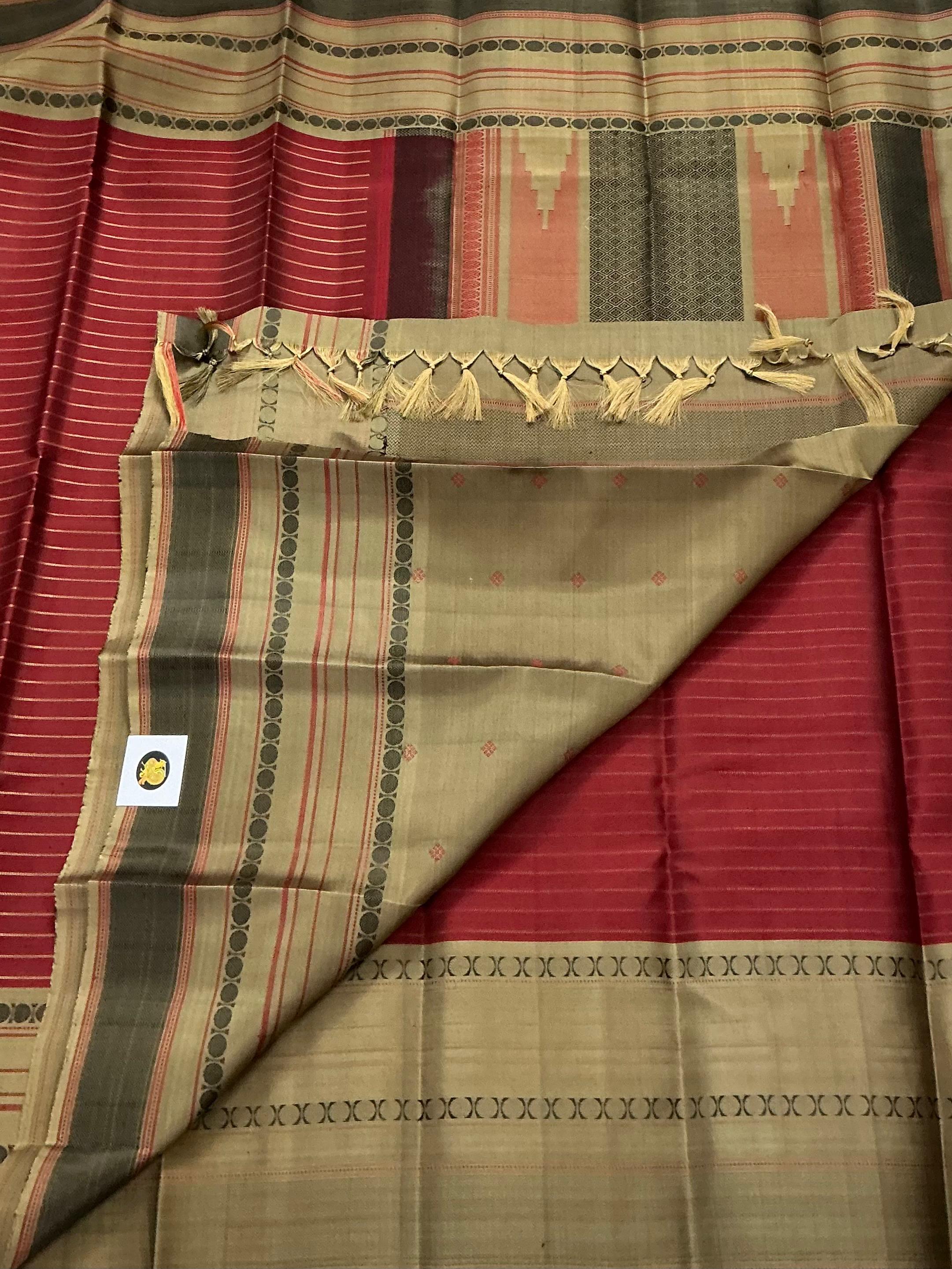 No Zari Kanjivaram Silk : Deep Scarlet Red/Maroon  & Grey