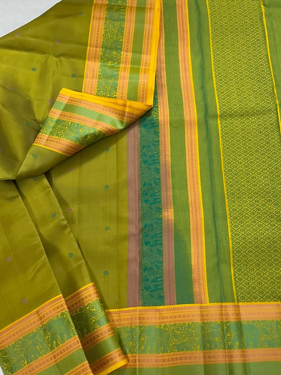 No Zari Kanjivaram Silk : Mehendi Green & Yellow