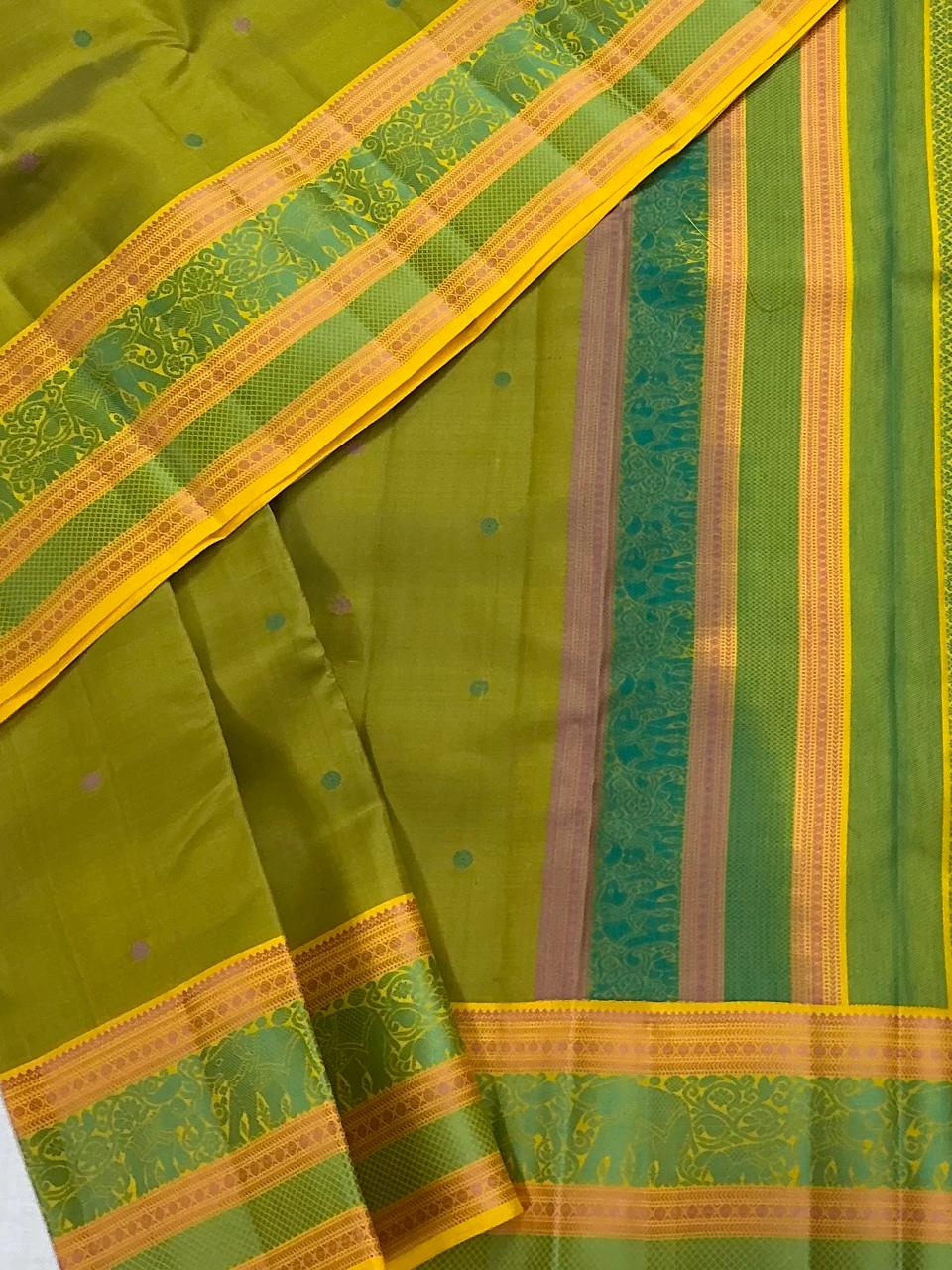 No Zari Kanjivaram Silk : Mehendi Green & Yellow