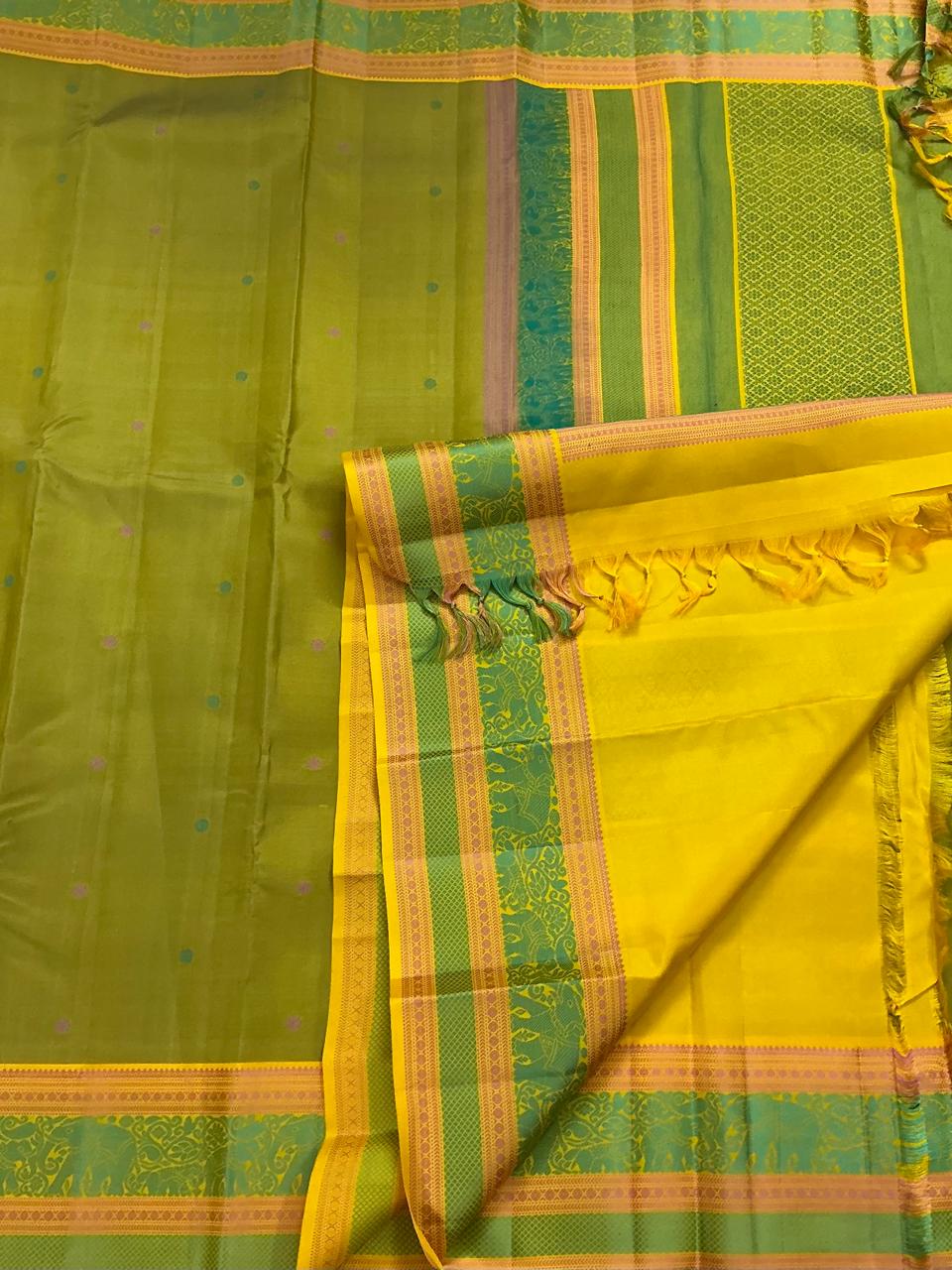 No Zari Kanjivaram Silk : Mehendi Green & Yellow