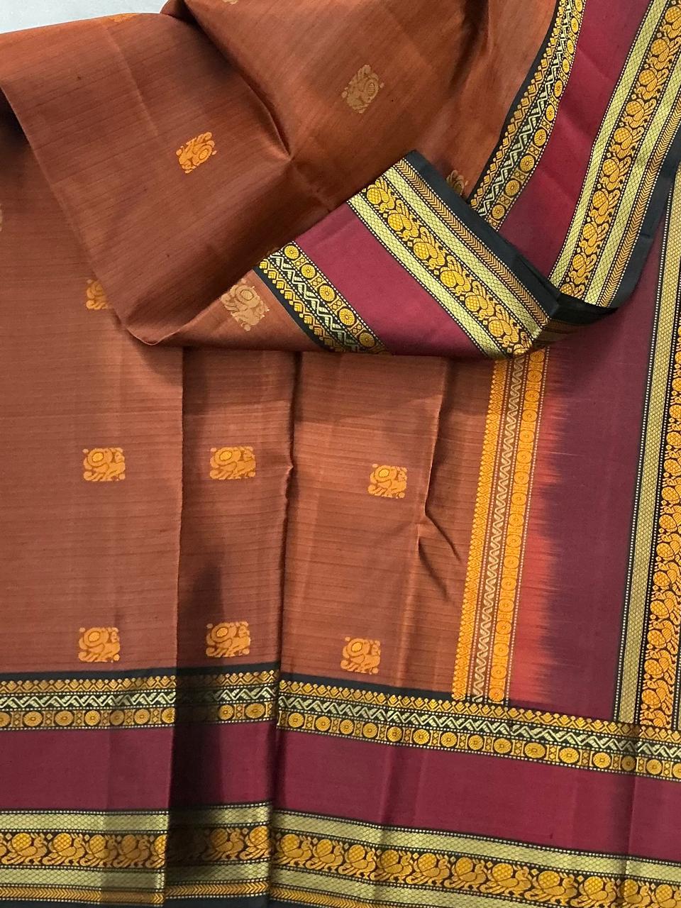 No Zari Kanjivaram Silk : Earthy Rust brown & Black