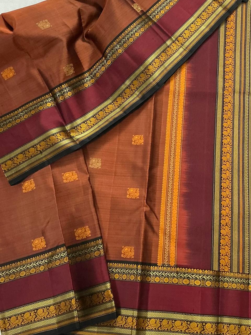 No Zari Kanjivaram Silk : Earthy Rust brown & Black