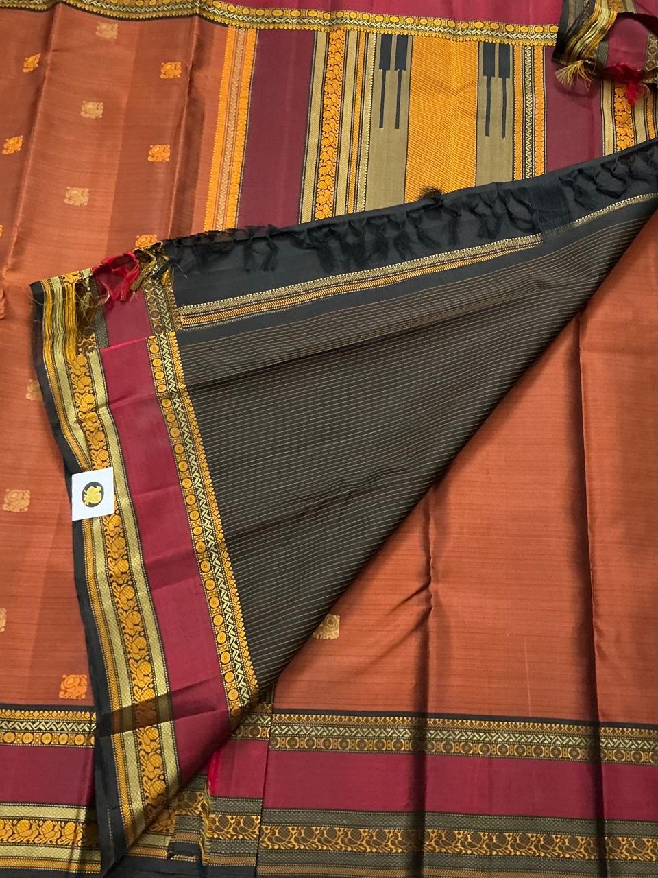 No Zari Kanjivaram Silk : Earthy Rust brown & Black