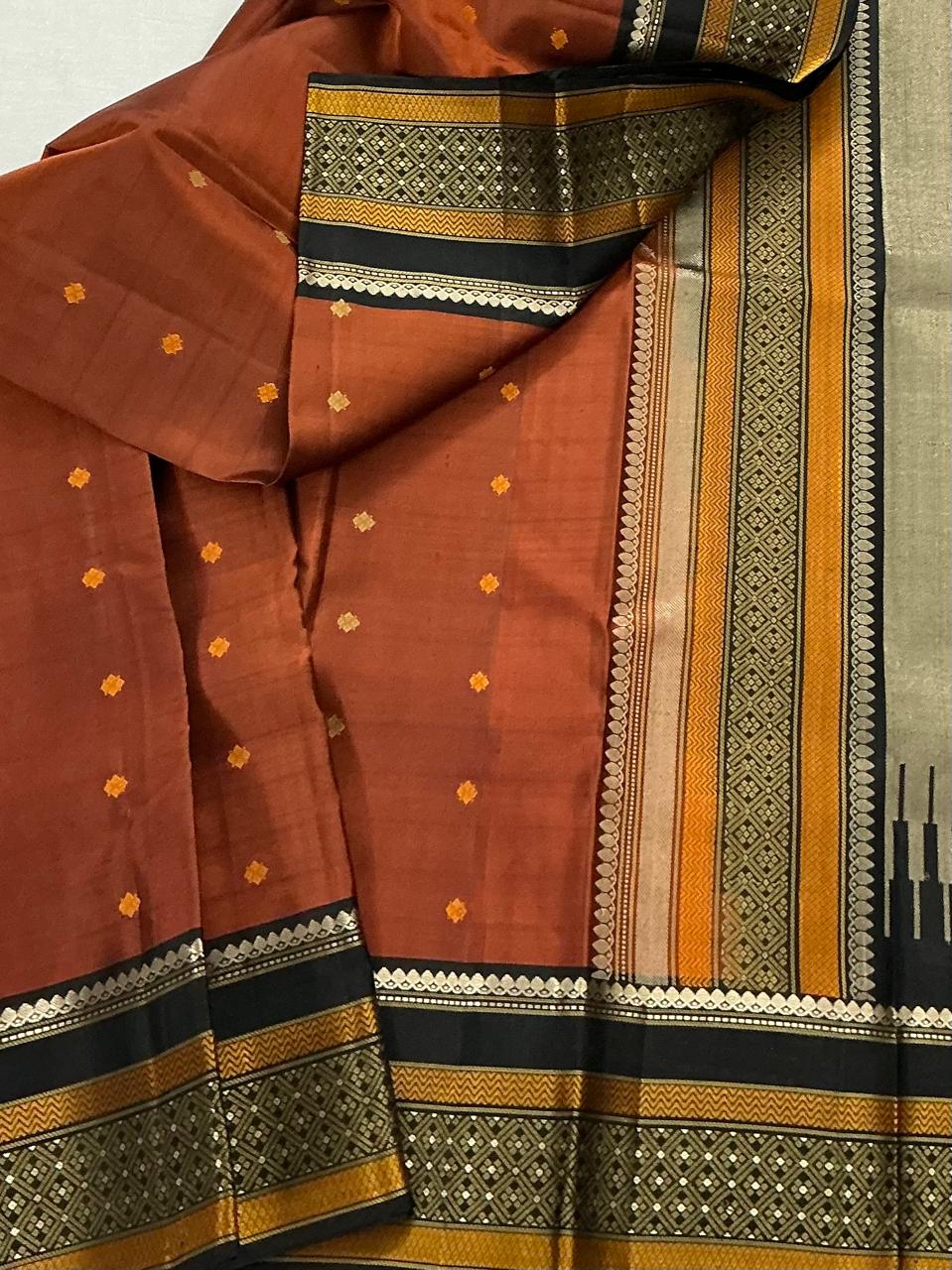 No Zari Kanjivaram soft Silk : Earthy Brick Rust & Black
